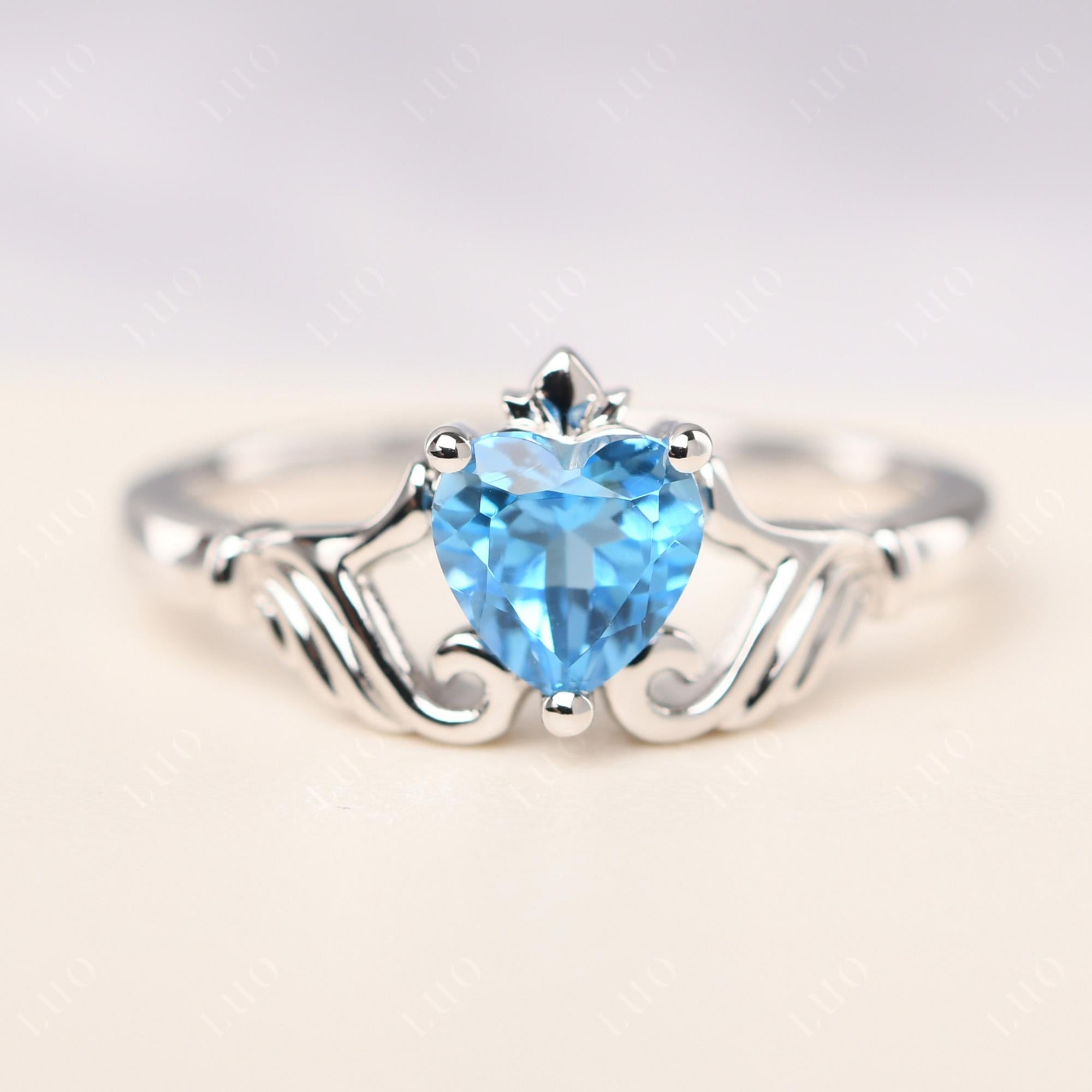 Heart Shaped Swiss Blue Topaz Claddagh Ring - LUO Jewelry 