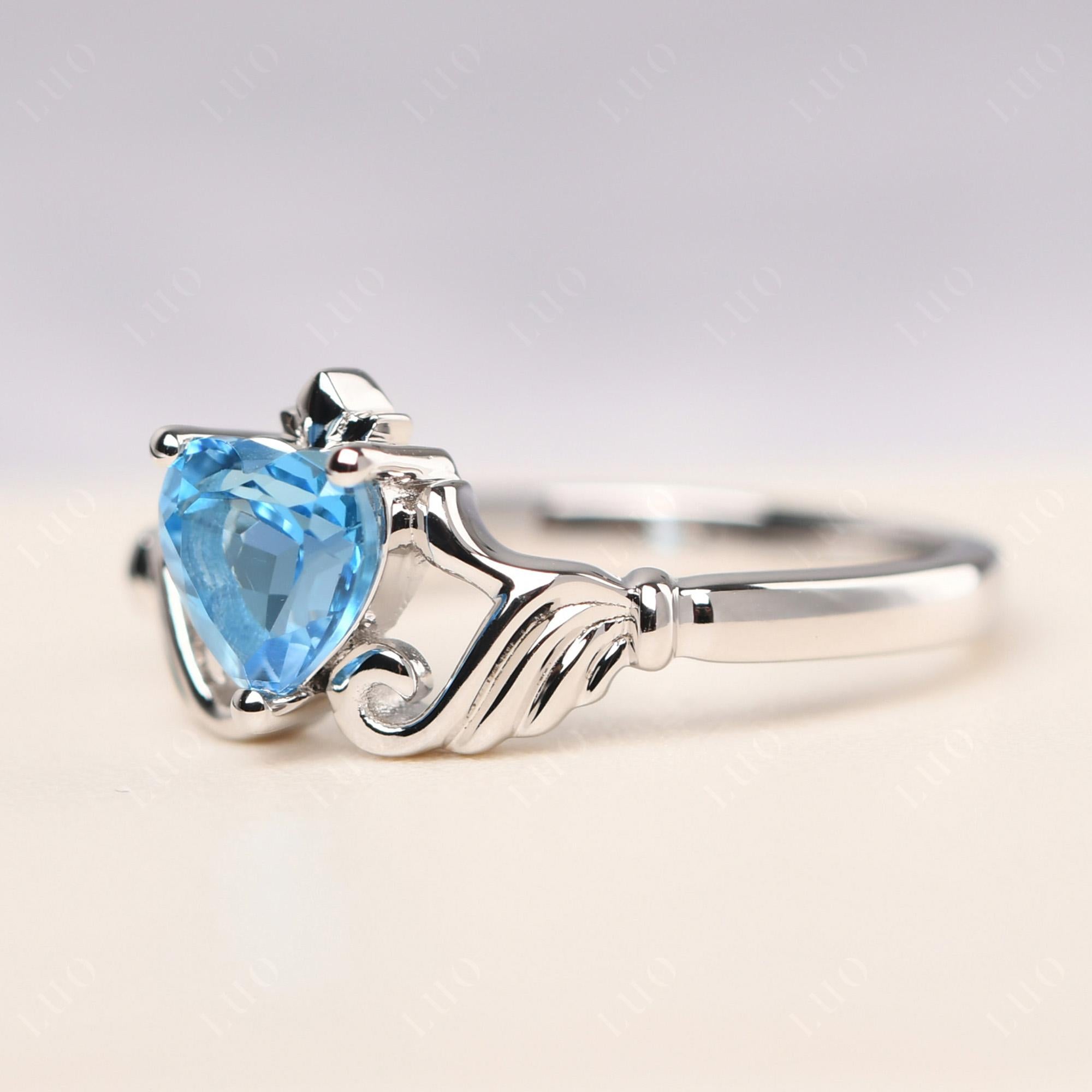 Heart Shaped Swiss Blue Topaz Claddagh Ring - LUO Jewelry 