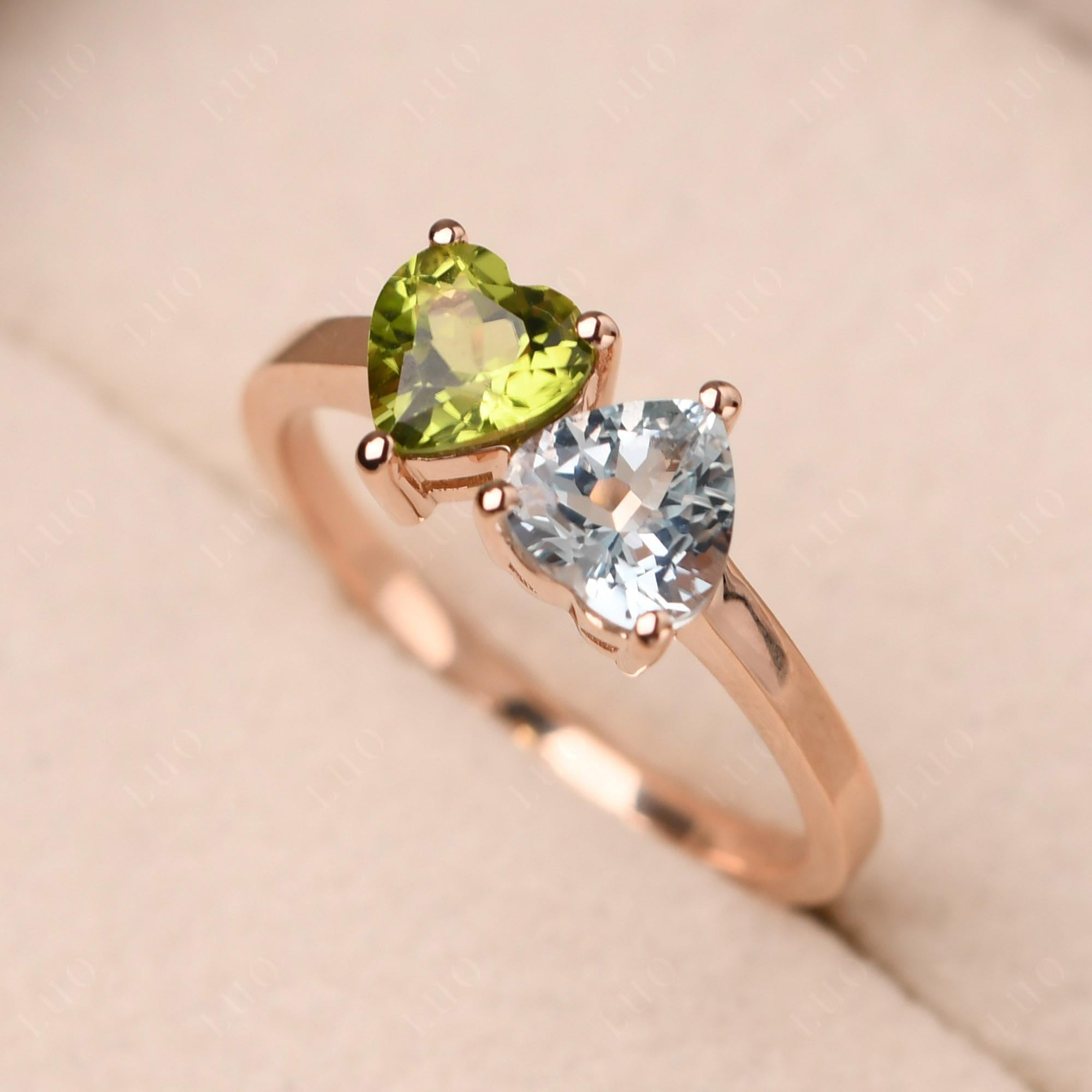 Heart Shape Aquamarine and Peridot Toi Et Moi Ring | LUO Jewelry