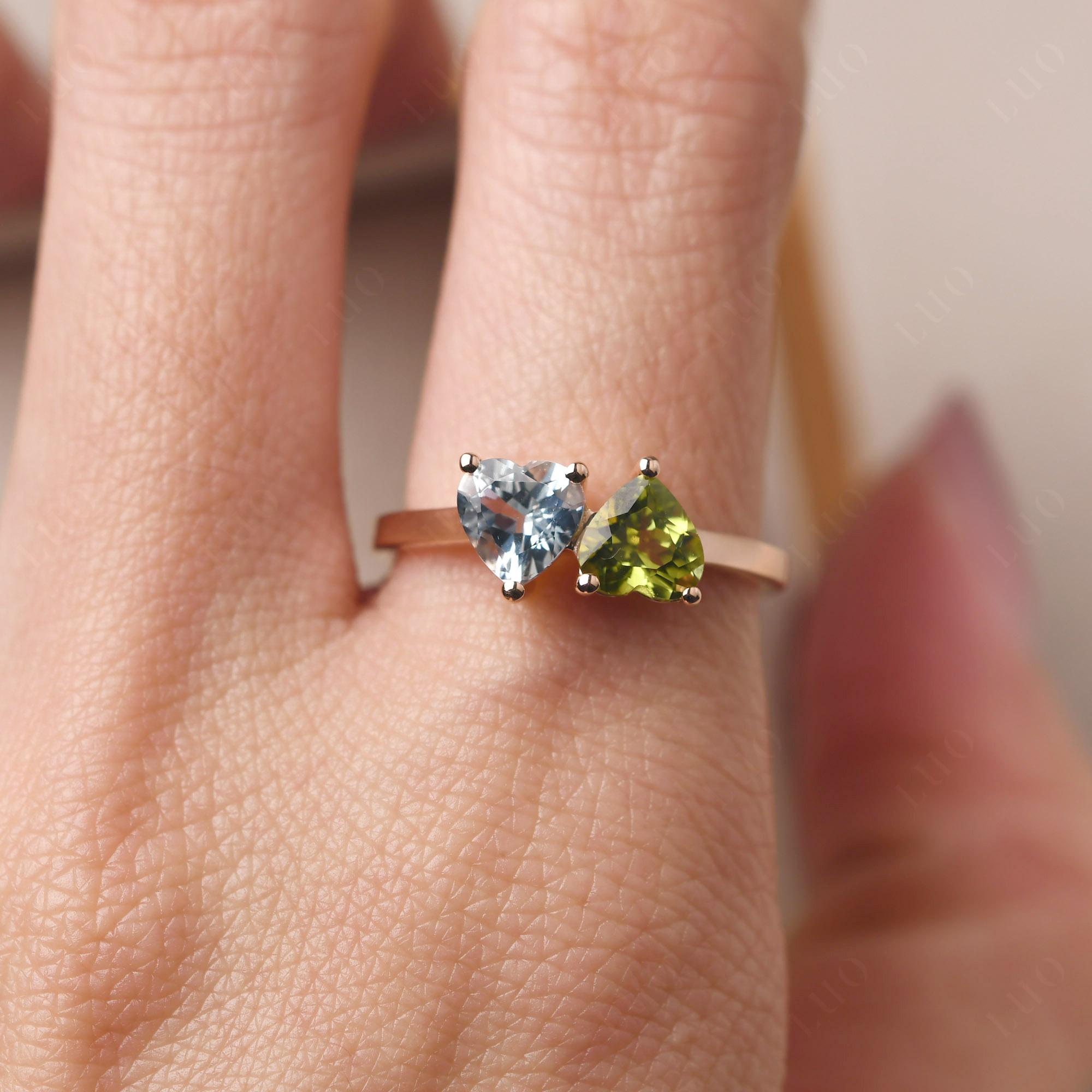 Heart Shape Aquamarine and Peridot Toi Et Moi Ring | LUO Jewelry