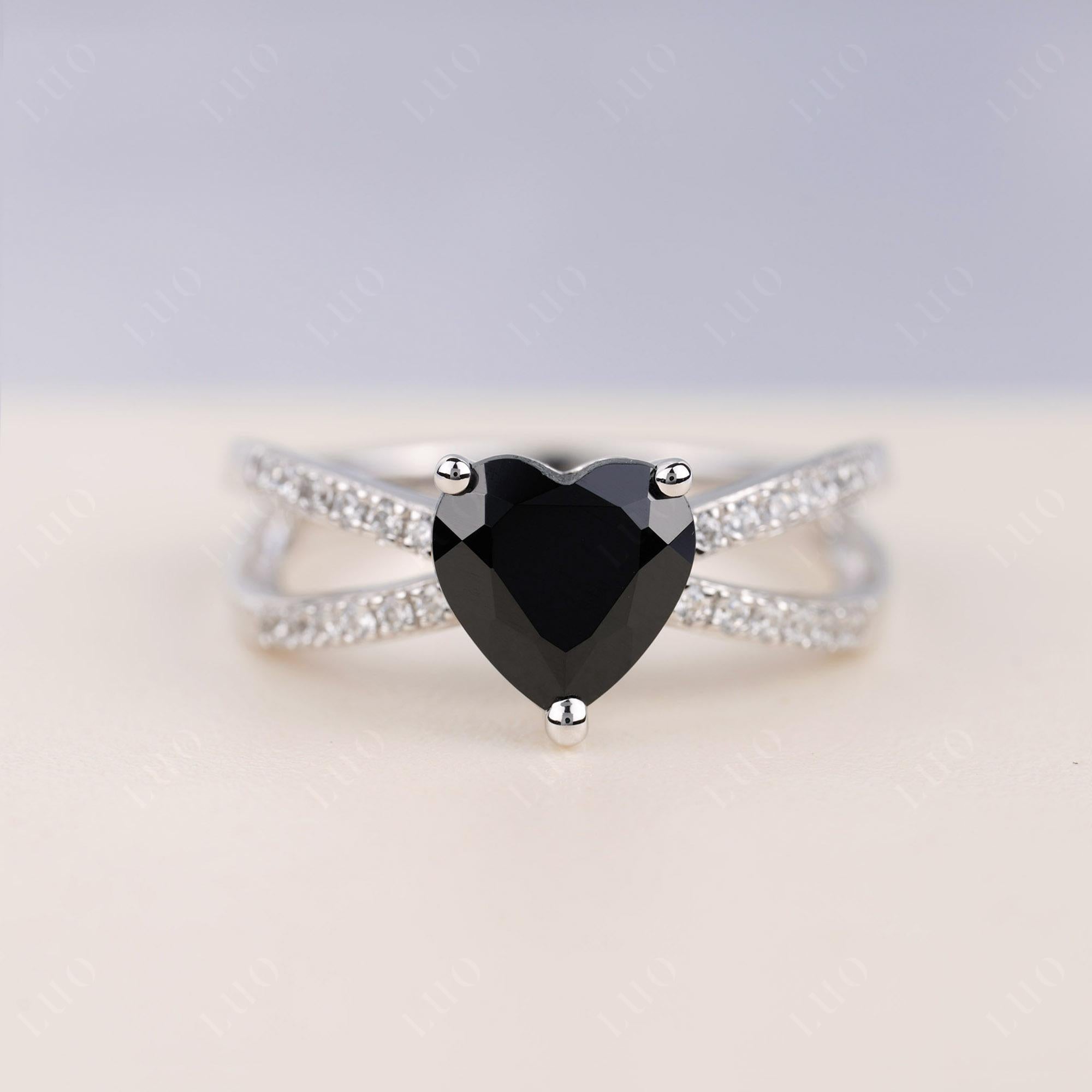 Heart Shaped Black Spinel Ring Split Shank - LUO Jewelry 