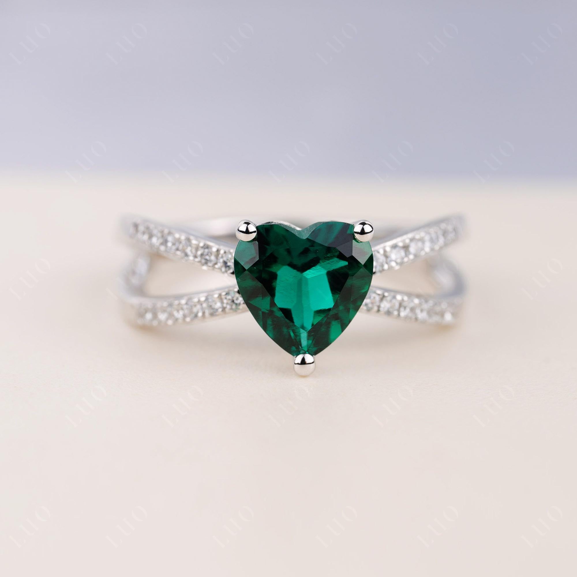 Heart Shaped Emerald Ring Split Shank - LUO Jewelry 