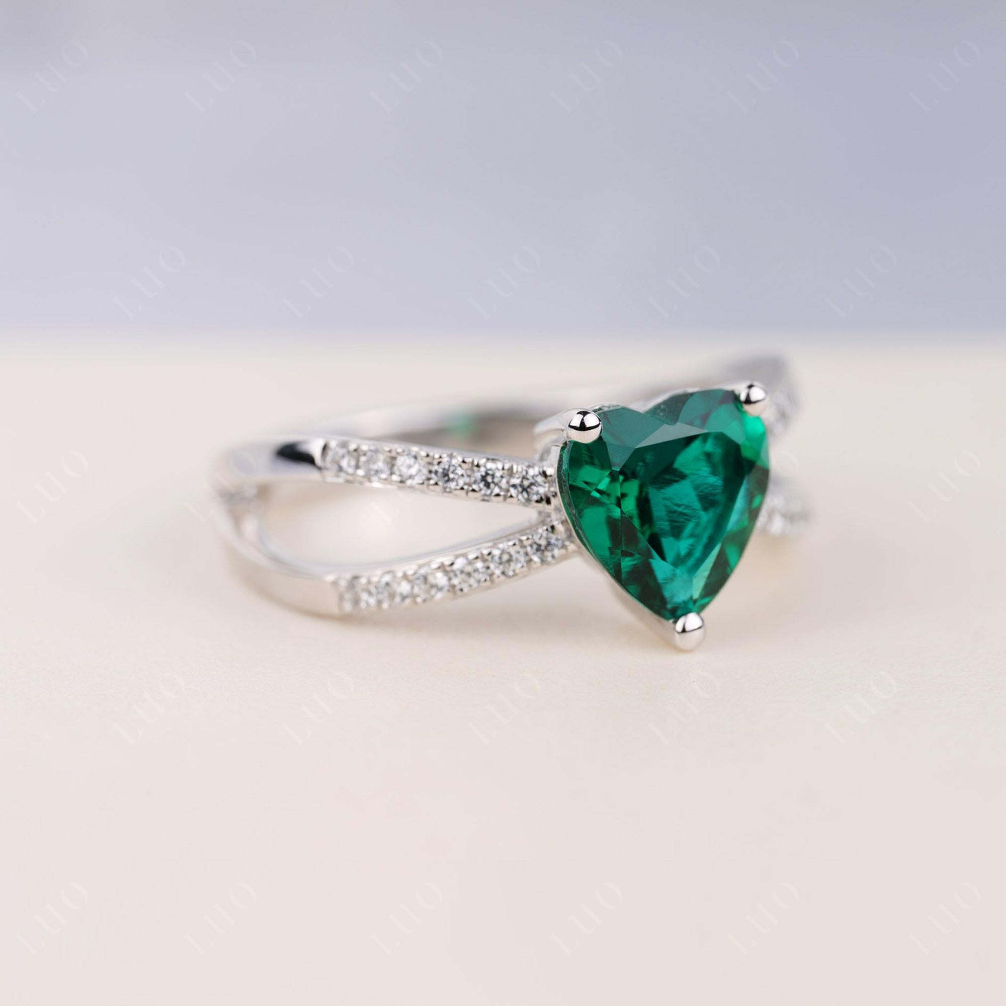 Heart Shaped Emerald Ring Split Shank - LUO Jewelry 