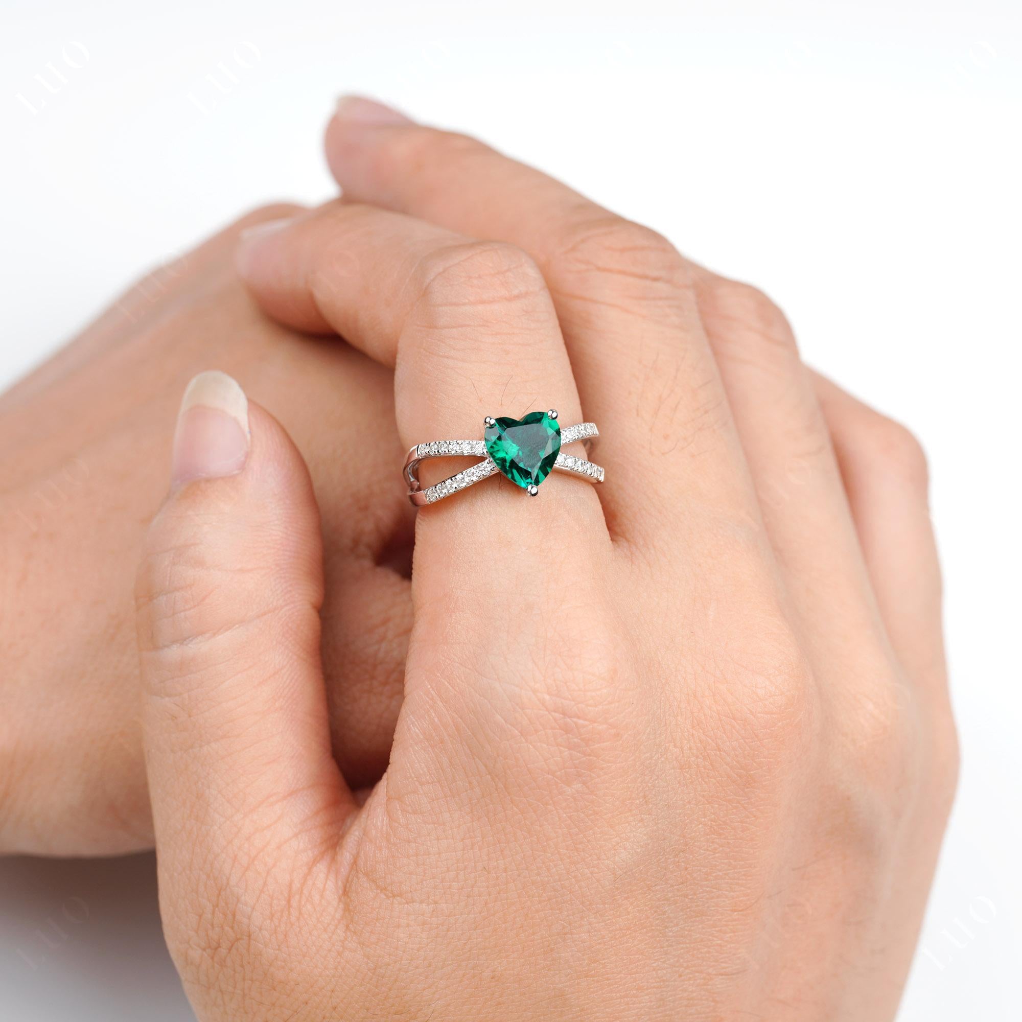 Heart Shaped Emerald Ring Split Shank - LUO Jewelry 