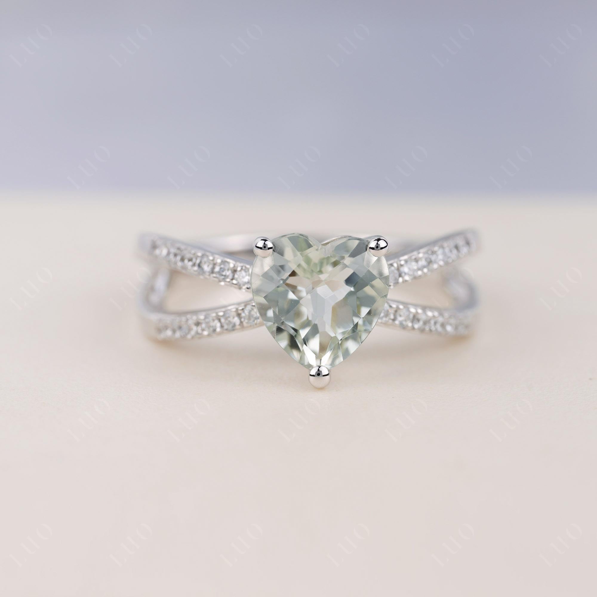 Heart Shaped Green Amethyst Ring Split Shank - LUO Jewelry 