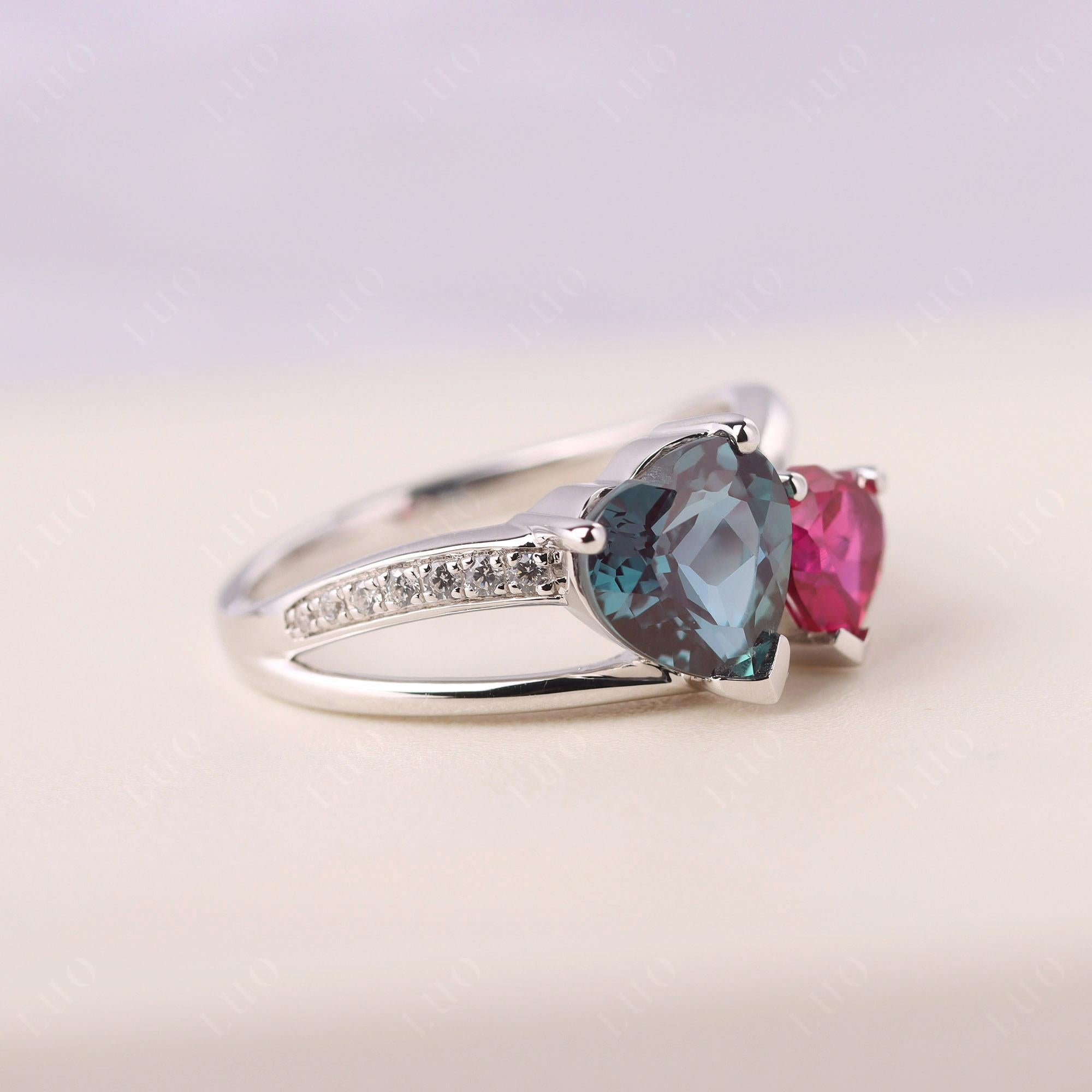 Heart Alexandrite and Ruby Toi Et Moi Ring - LUO Jewelry 