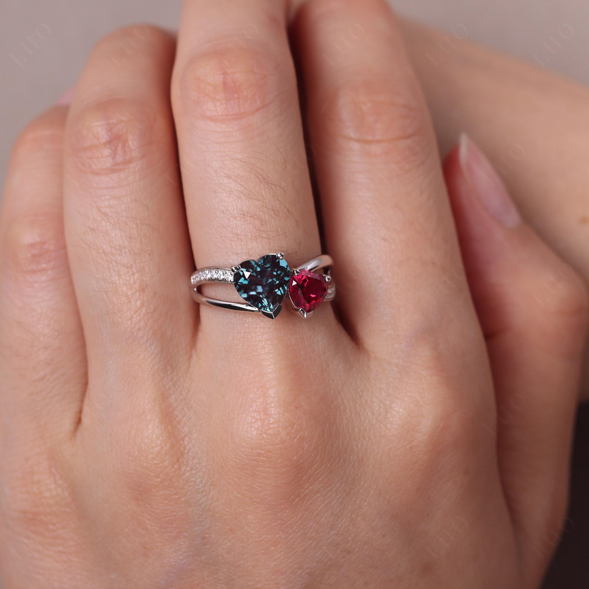 Heart Alexandrite and Ruby Toi Et Moi Ring - LUO Jewelry 