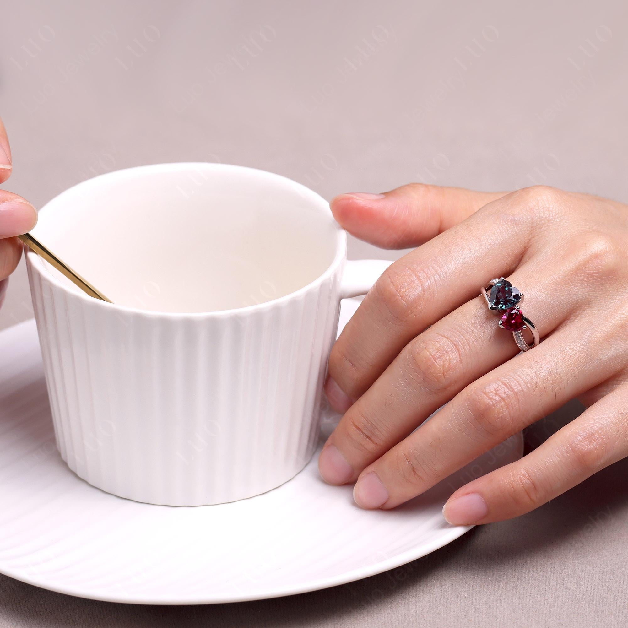 Heart Alexandrite and Ruby Toi Et Moi Ring - LUO Jewelry 