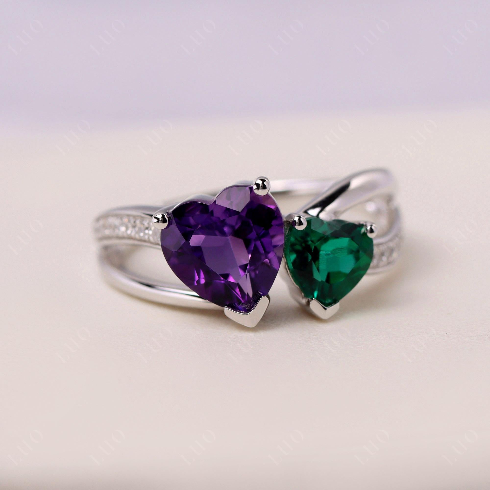 Amethyst and Emerald Heart Toi Et Moi Ring - LUO Jewelry 