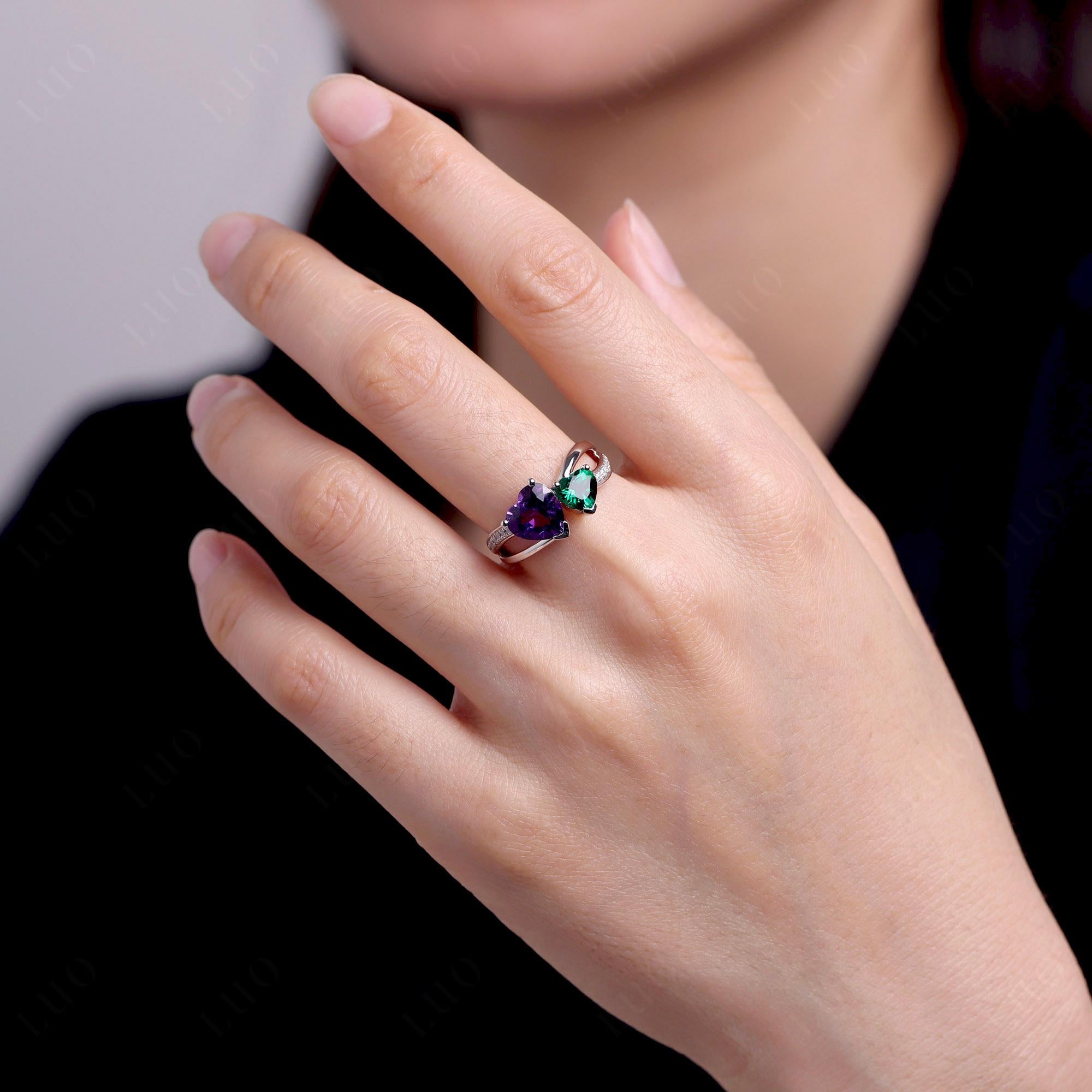 Amethyst and Emerald Heart Toi Et Moi Ring - LUO Jewelry 