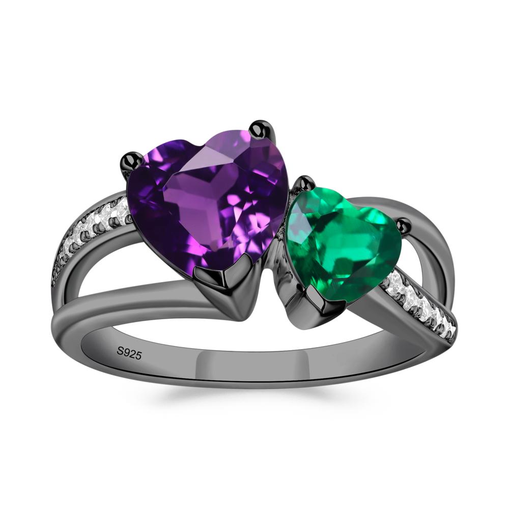 Amethyst and Emerald Heart Toi Et Moi Ring - LUO Jewelry #metal_black finish sterling silver