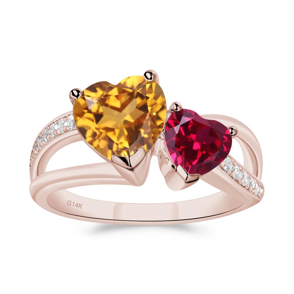 Citrine and Ruby Two Heart Ring - LUO Jewelry #metal_14k rose gold