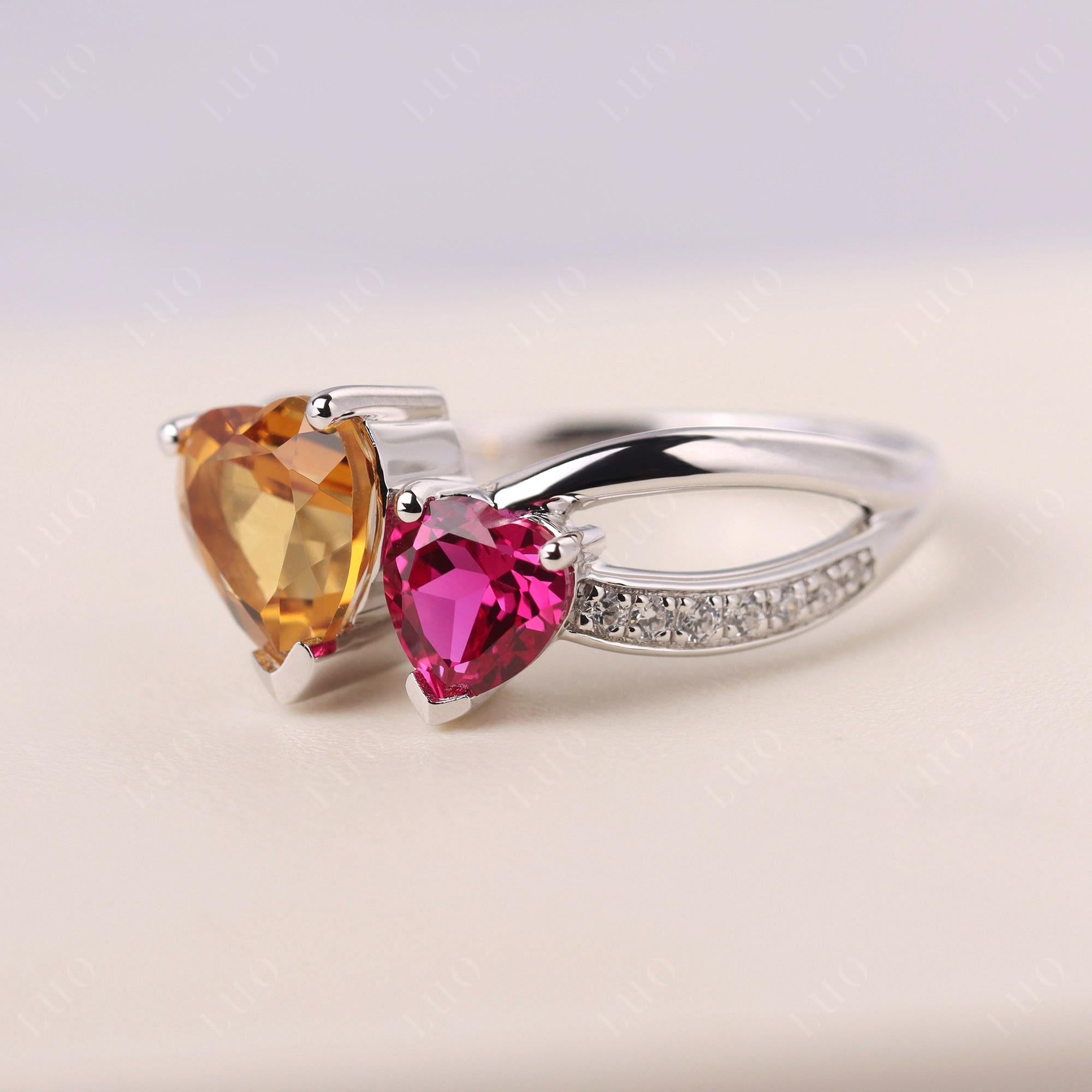 Citrine and Ruby Two Heart Ring - LUO Jewelry 