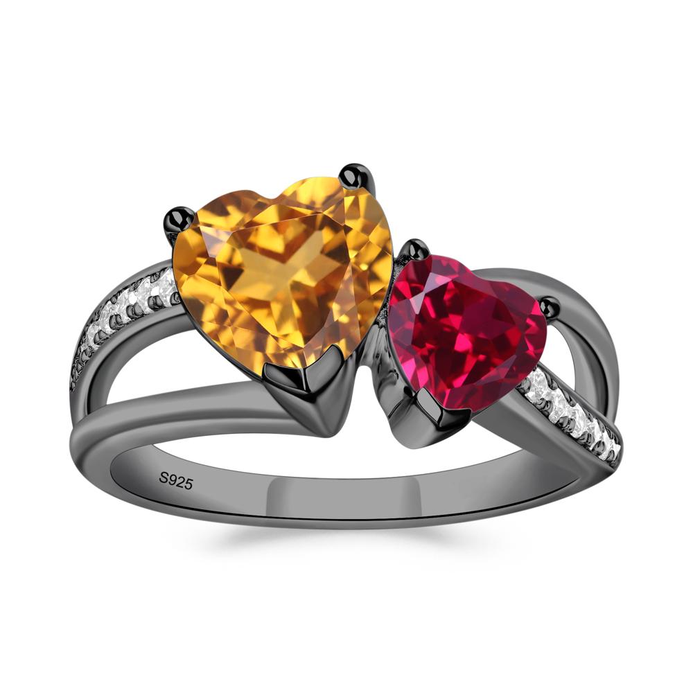 Citrine and Ruby Two Heart Ring - LUO Jewelry #metal_black finish sterling silver