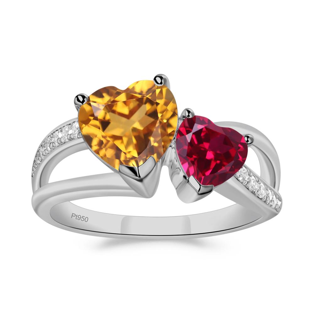 Citrine and Ruby Two Heart Ring - LUO Jewelry #metal_platinum