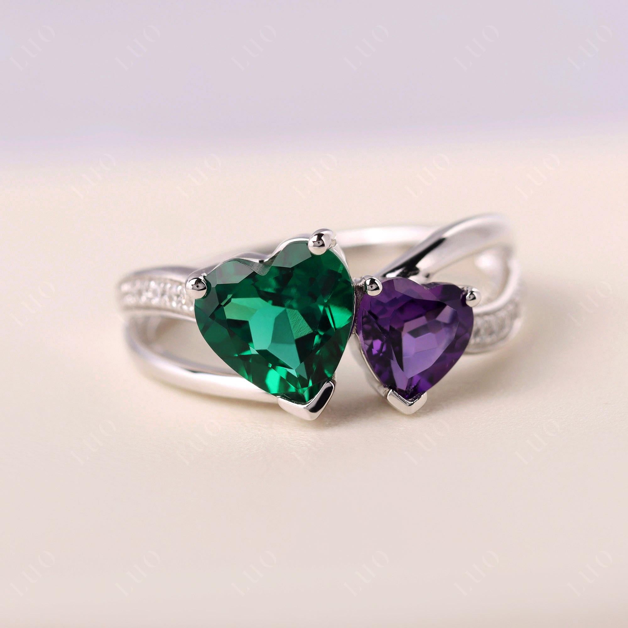 Heart Emerald and Amethyst Toi Et Moi Ring - LUO Jewelry 