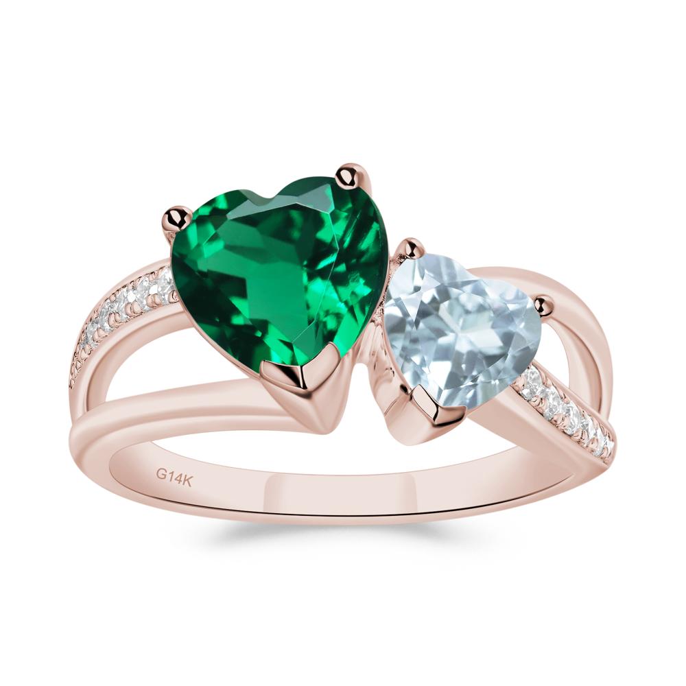 Aquamarine and Emerald Heart Toi Et Moi Ring - LUO Jewelry #metal_14k rose gold