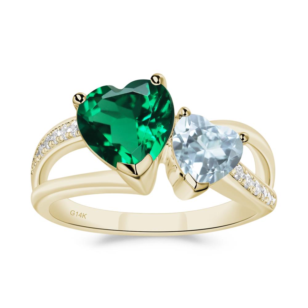 Aquamarine and Emerald Heart Toi Et Moi Ring - LUO Jewelry #metal_14k yellow gold