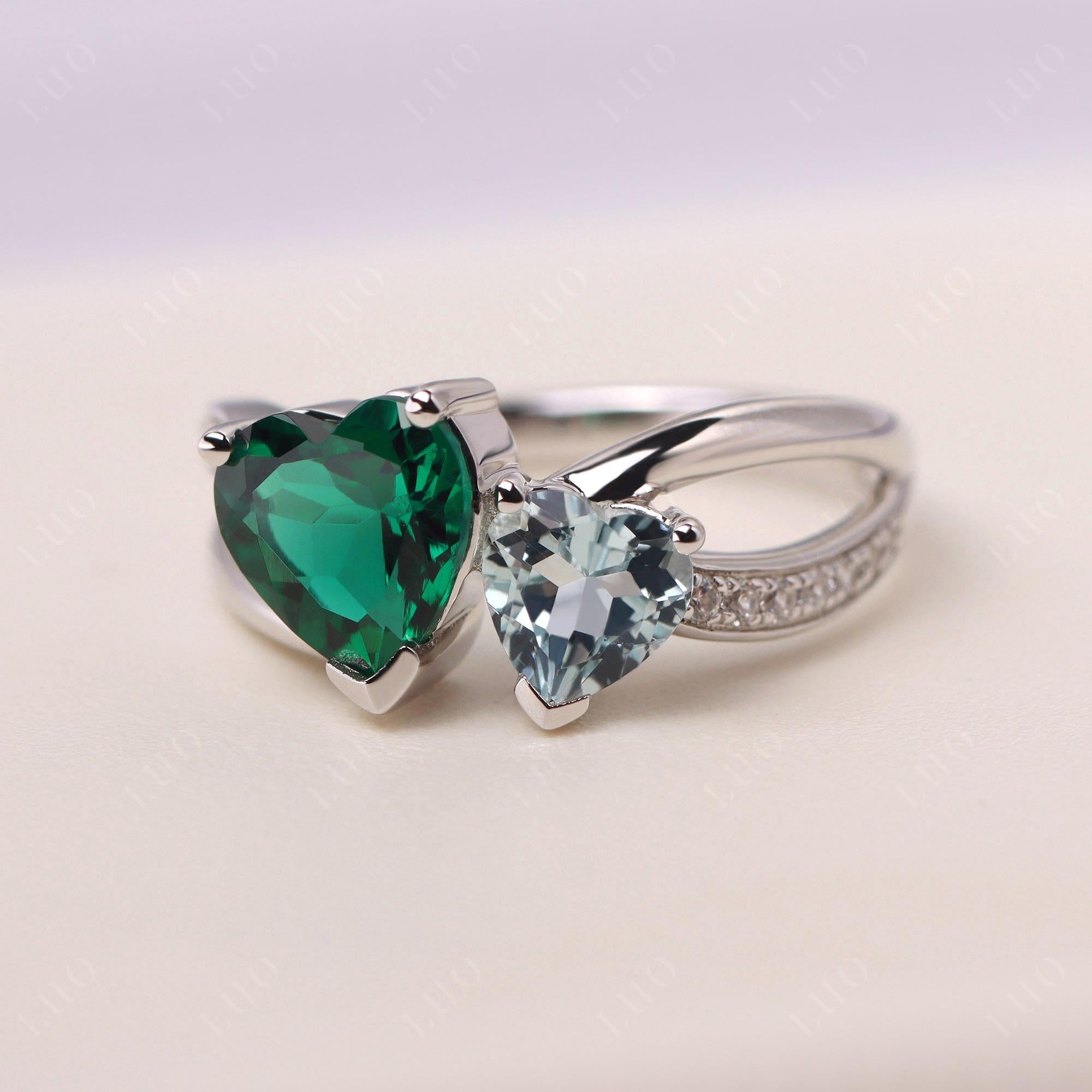 Aquamarine and Emerald Heart Toi Et Moi Ring - LUO Jewelry 