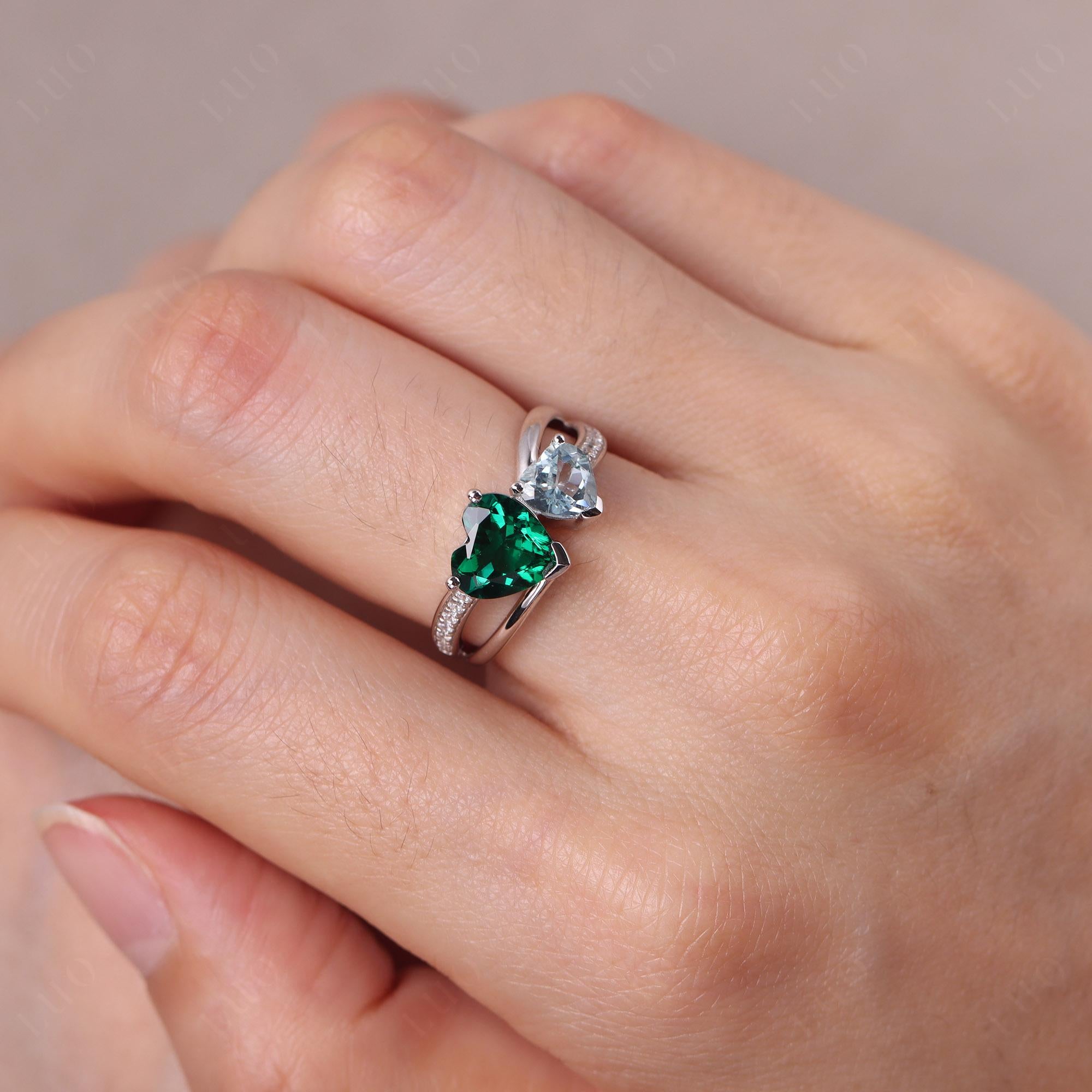 Aquamarine and Emerald Heart Toi Et Moi Ring - LUO Jewelry 