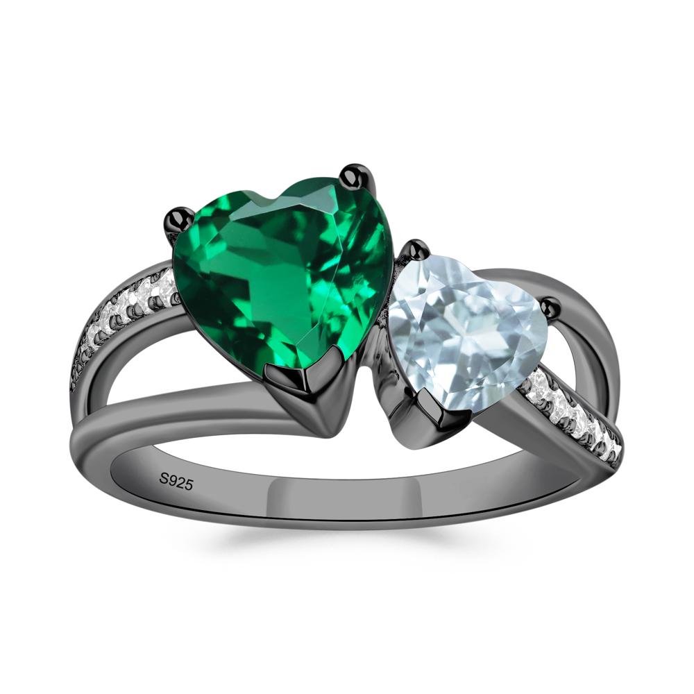 Aquamarine and Emerald Heart Toi Et Moi Ring - LUO Jewelry #metal_black finish sterling silver