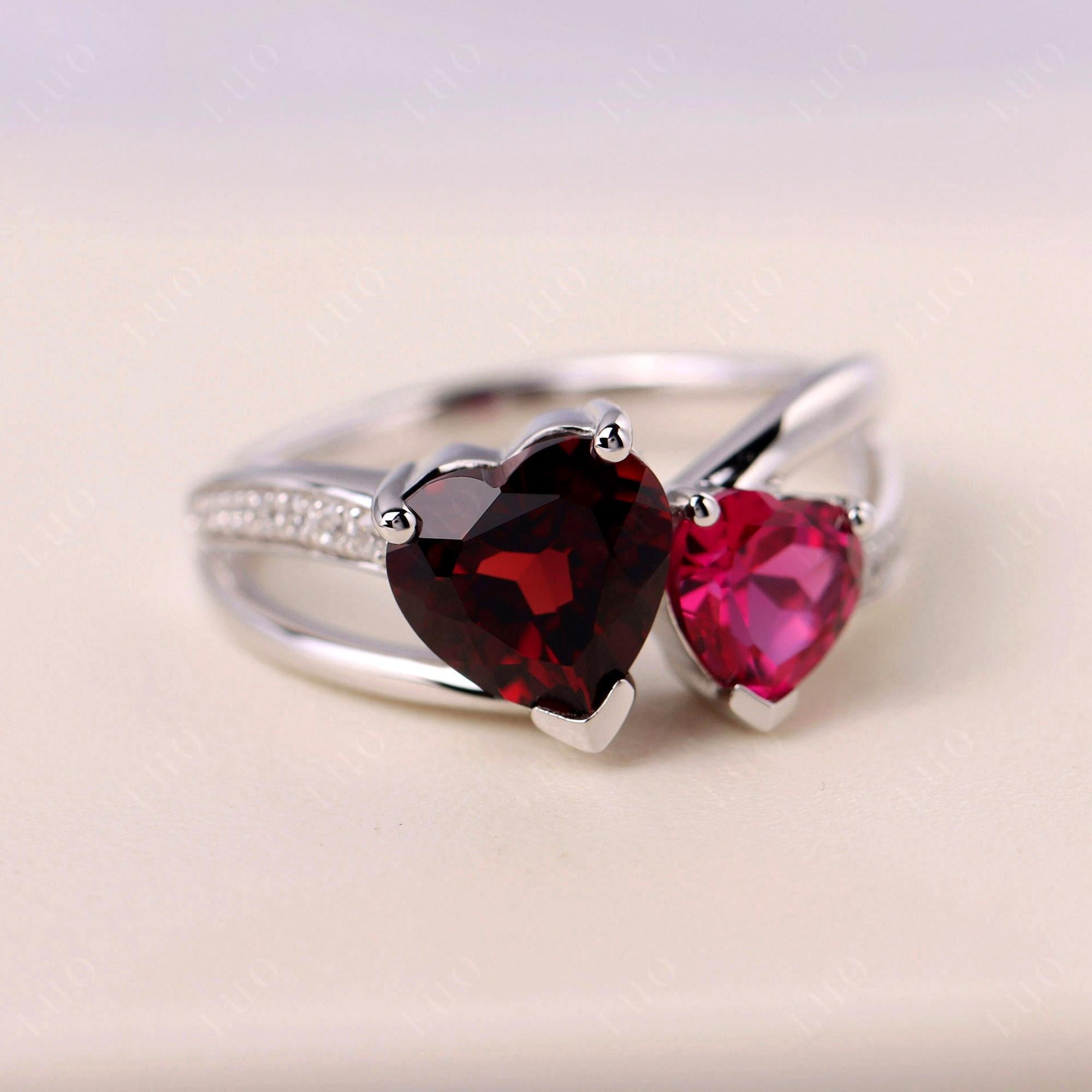 Garnet and Ruby Two Heart Ring - LUO Jewelry 