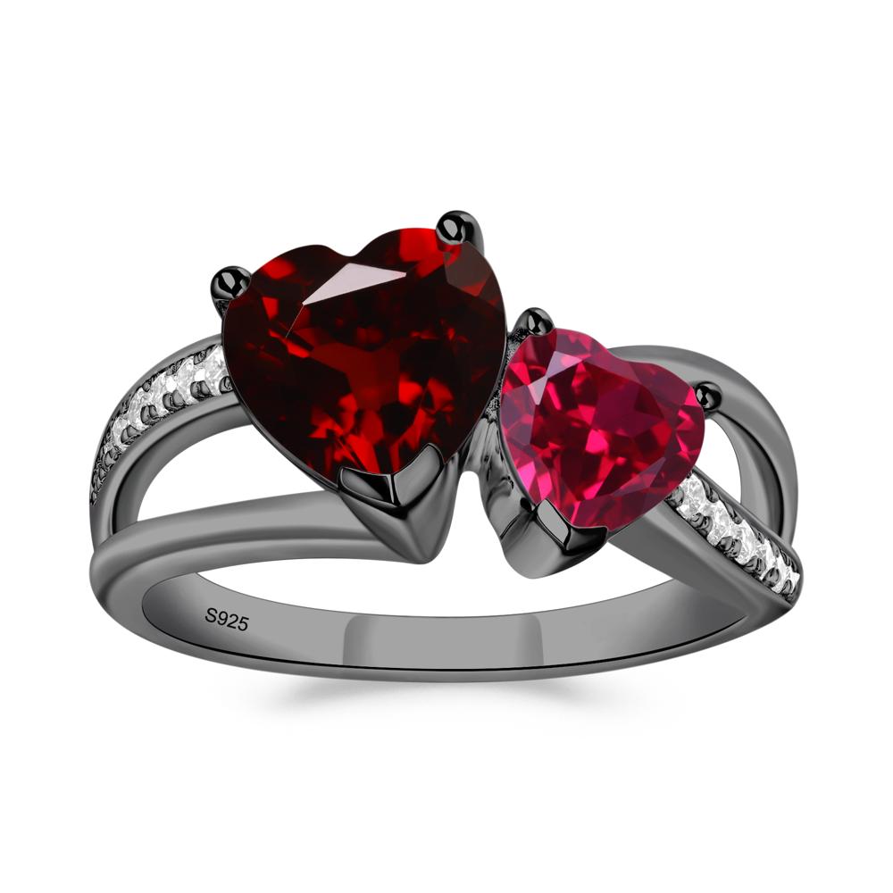 Garnet and Ruby Two Heart Ring - LUO Jewelry #metal_black finish sterling silver