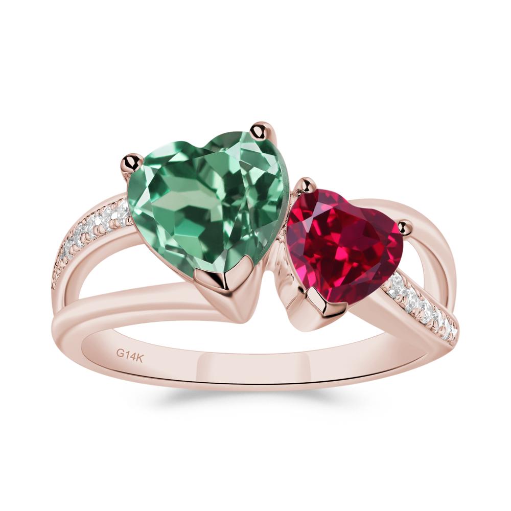 Heart Green Sapphire and Ruby Toi Et Moi Ring - LUO Jewelry #metal_14k rose gold