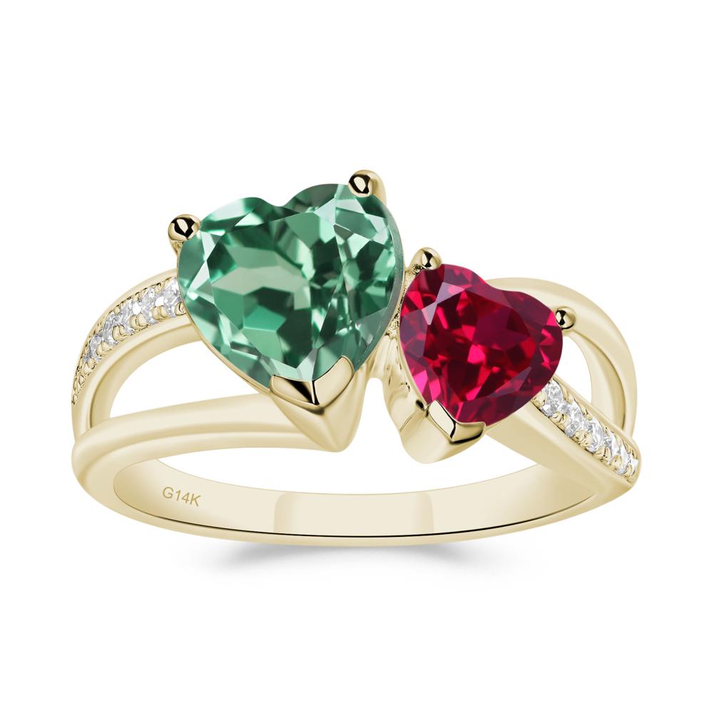 Heart Green Sapphire and Ruby Toi Et Moi Ring - LUO Jewelry #metal_14k yellow gold