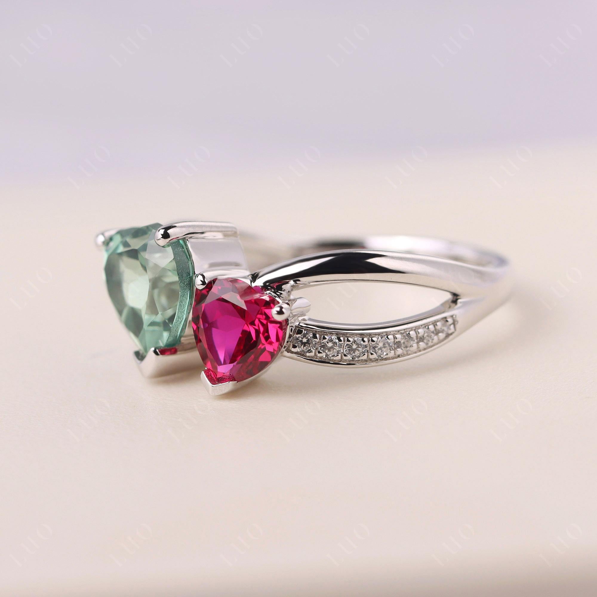 Heart Green Sapphire and Ruby Toi Et Moi Ring - LUO Jewelry 