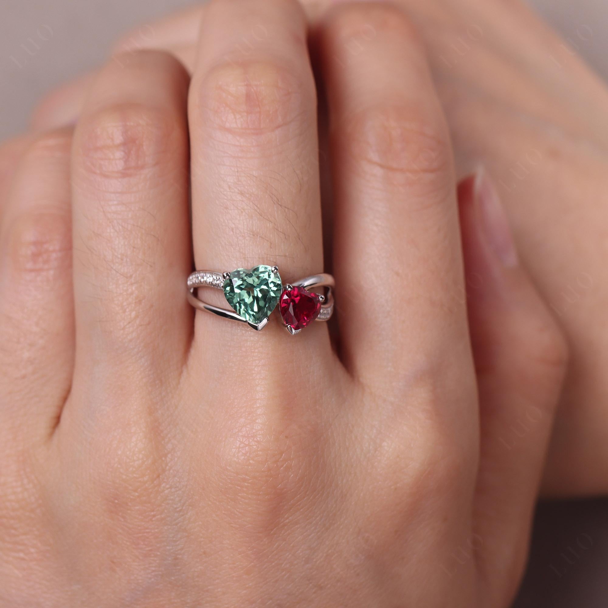 Heart Green Sapphire and Ruby Toi Et Moi Ring - LUO Jewelry 