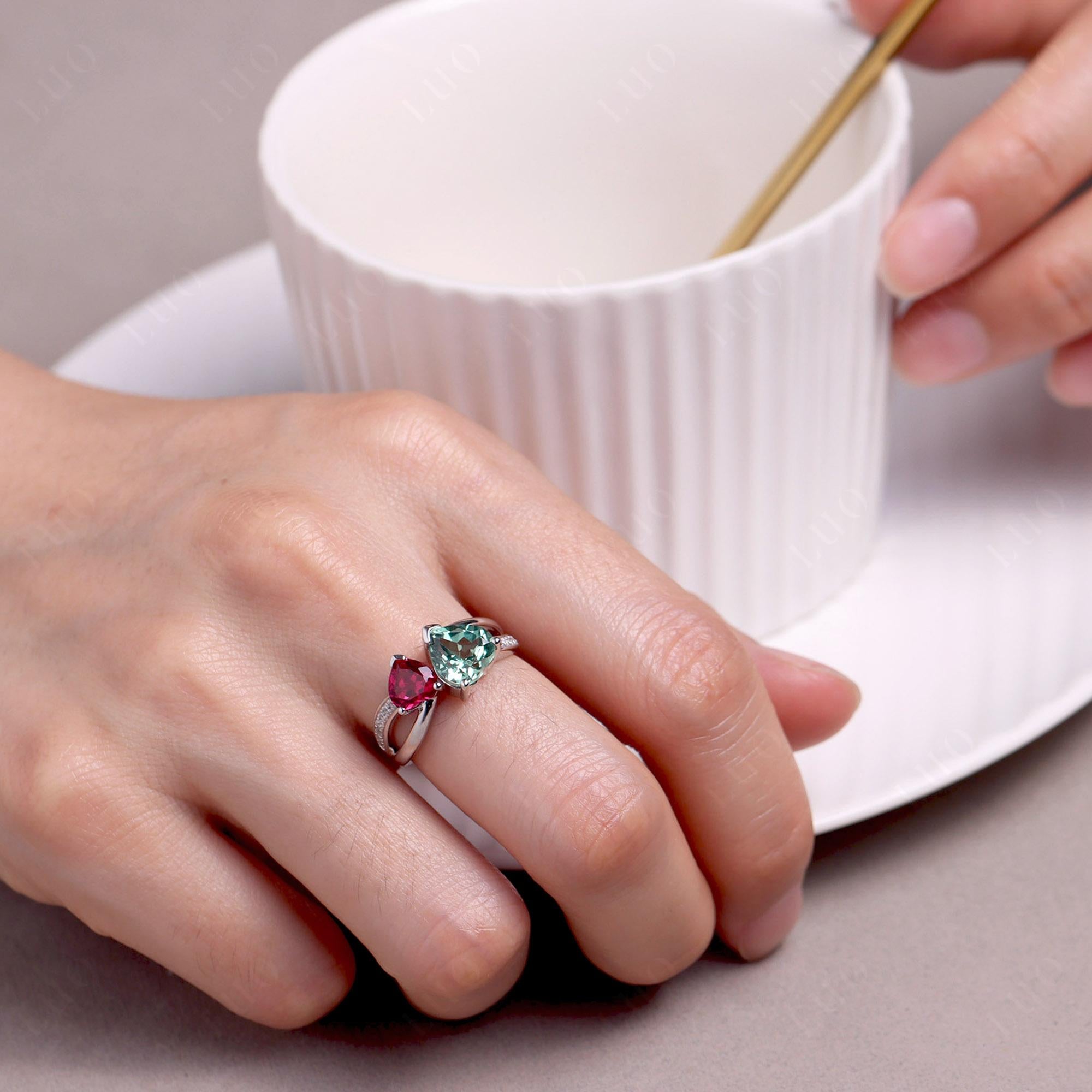 Heart Green Sapphire and Ruby Toi Et Moi Ring - LUO Jewelry 