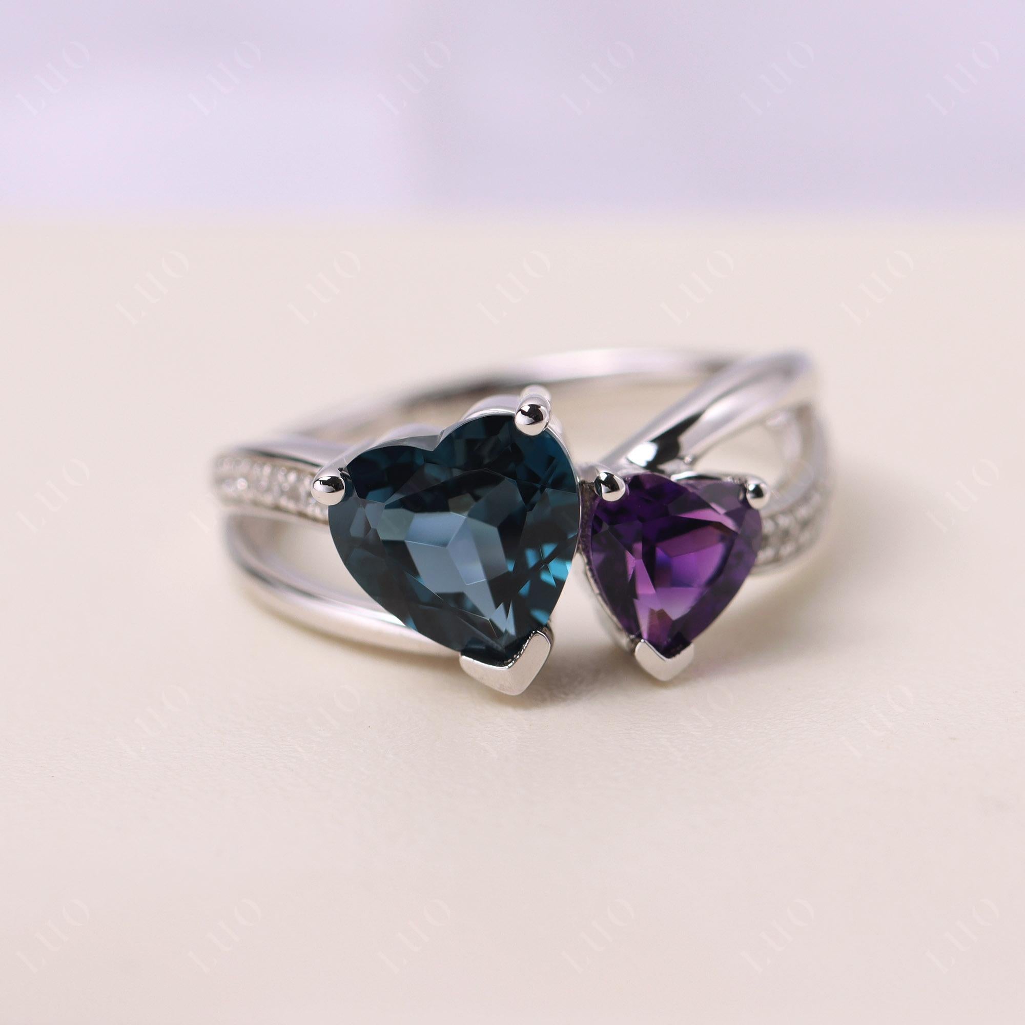 Heart Amethyst and London Blue Topaz Toi Et Moi Ring - LUO Jewelry 