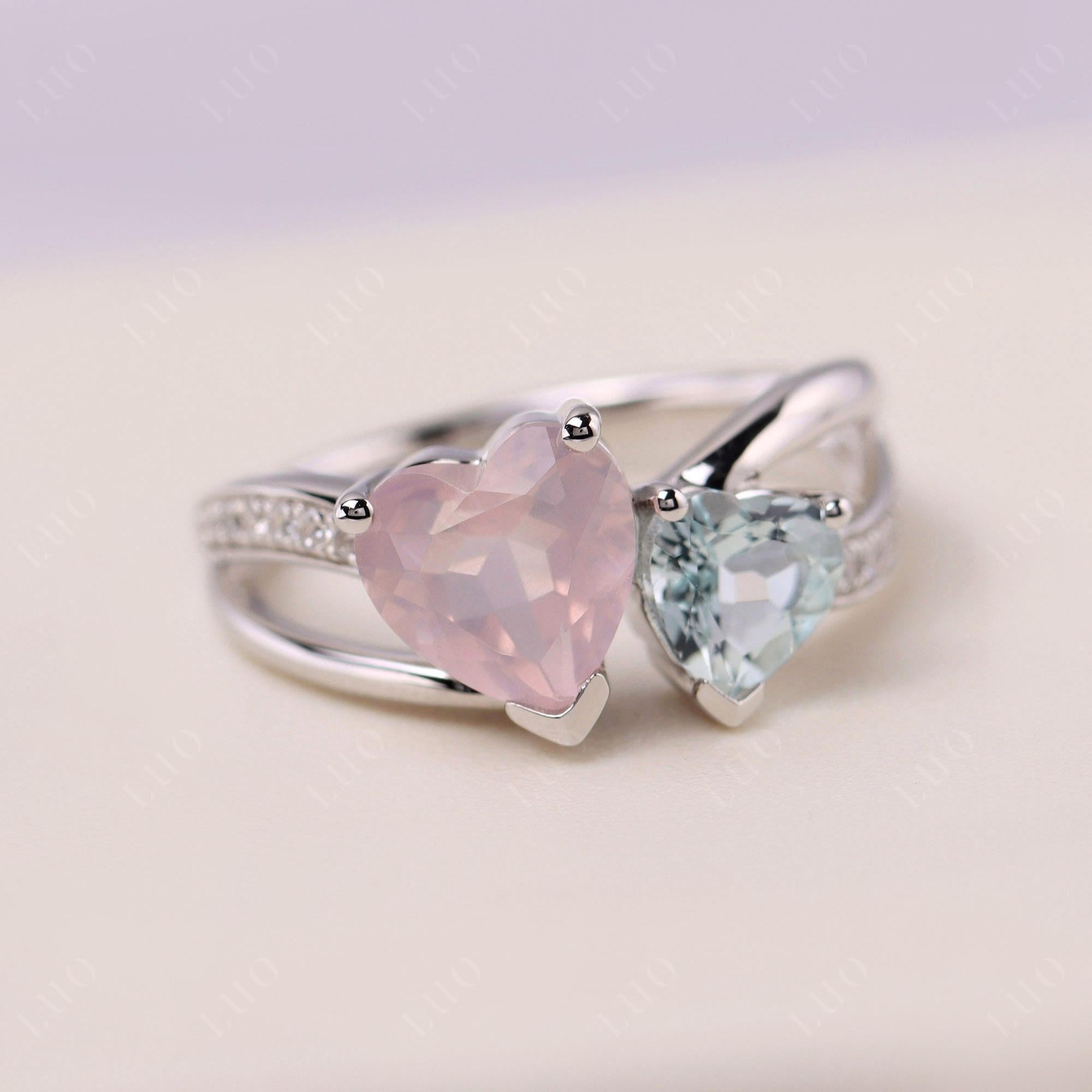 Heart Aquamarine and Rose Quartz Toi Et Moi Ring - LUO Jewelry 