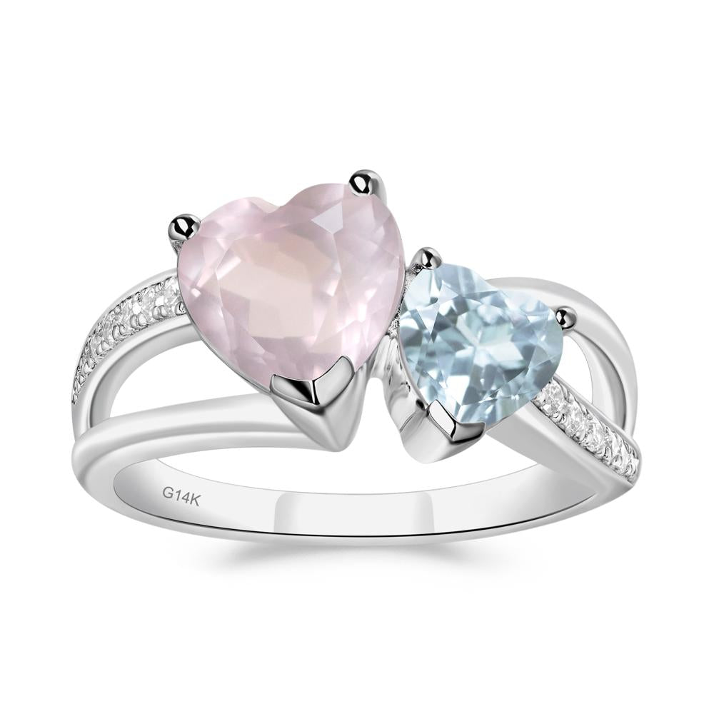 Heart Aquamarine and Rose Quartz Toi Et Moi Ring - LUO Jewelry #metal_14k white gold