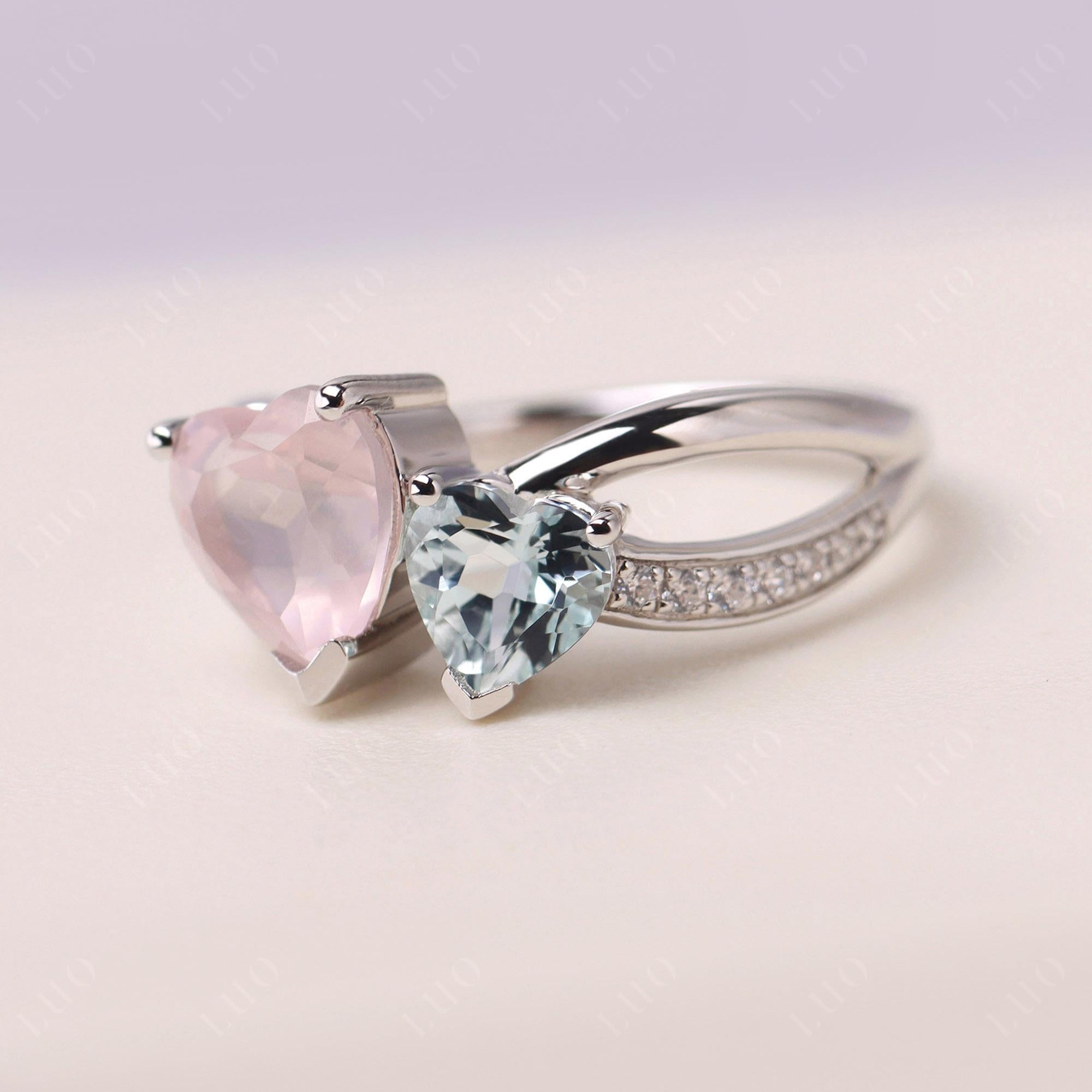 Heart Aquamarine and Rose Quartz Toi Et Moi Ring - LUO Jewelry 