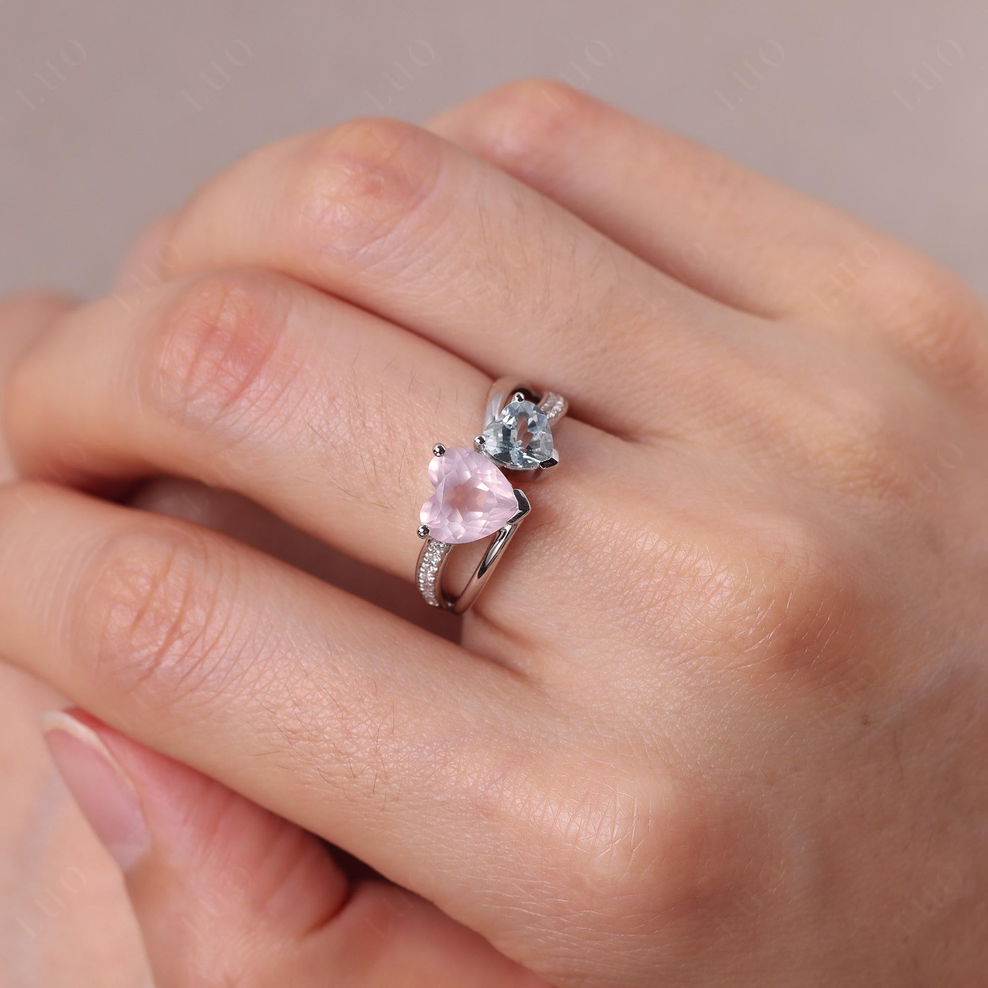 Heart Aquamarine and Rose Quartz Toi Et Moi Ring - LUO Jewelry 