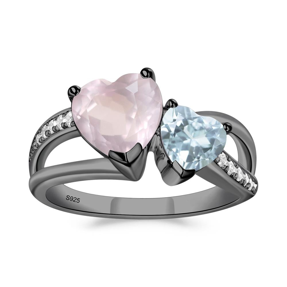 Heart Aquamarine and Rose Quartz Toi Et Moi Ring - LUO Jewelry #metal_black finish sterling silver