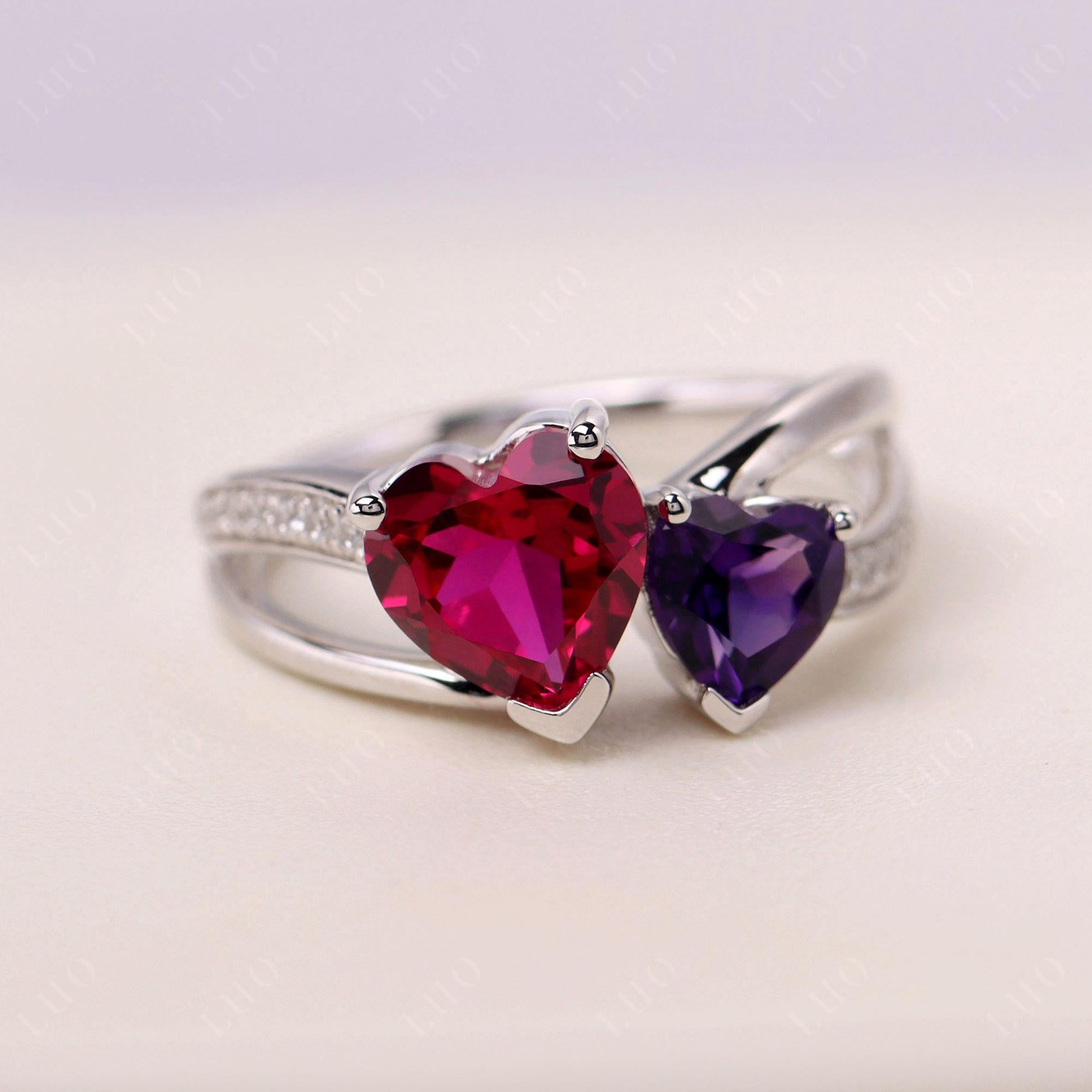 Amethyst and Ruby Two Heart Ring - LUO Jewelry 