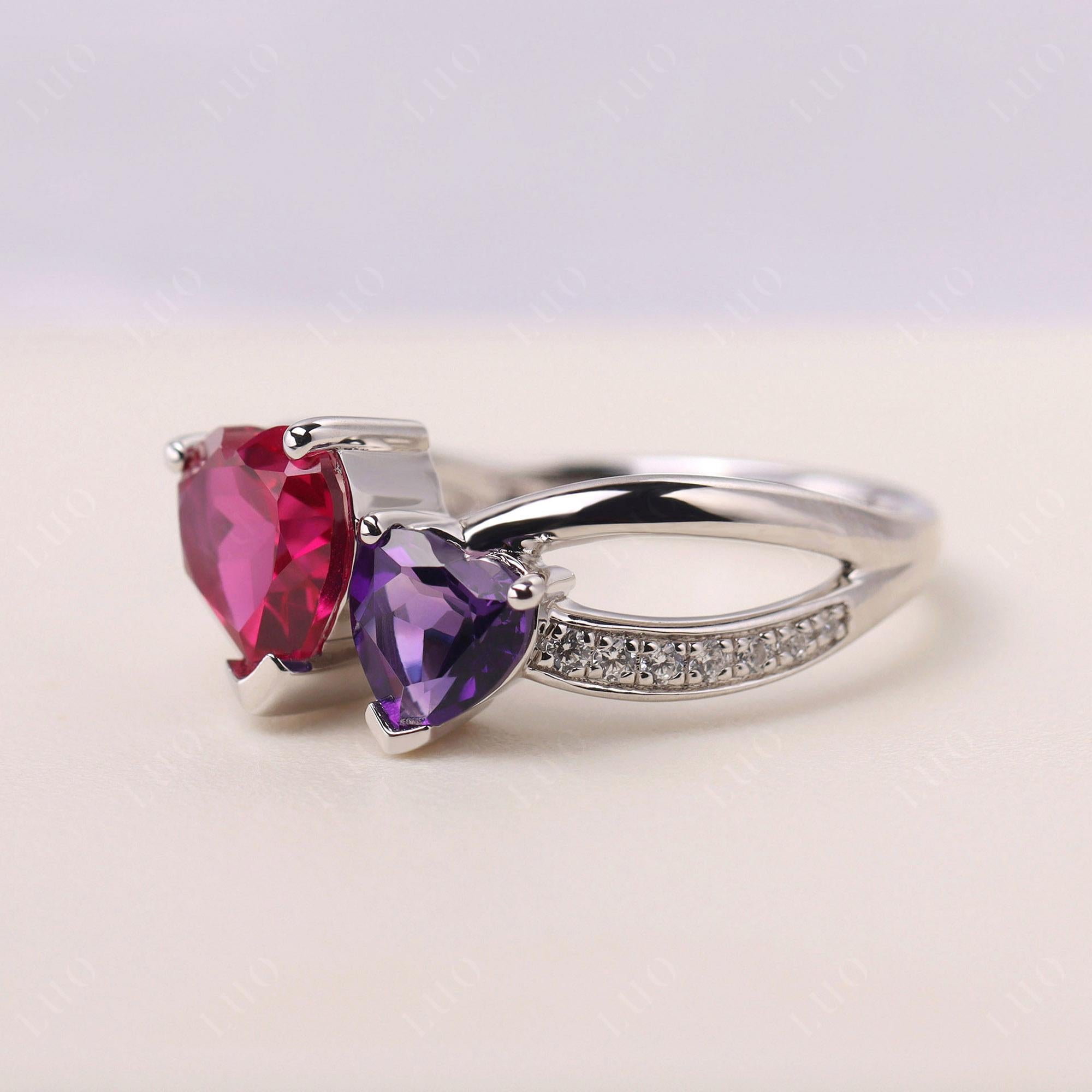 Amethyst and Ruby Two Heart Ring - LUO Jewelry 