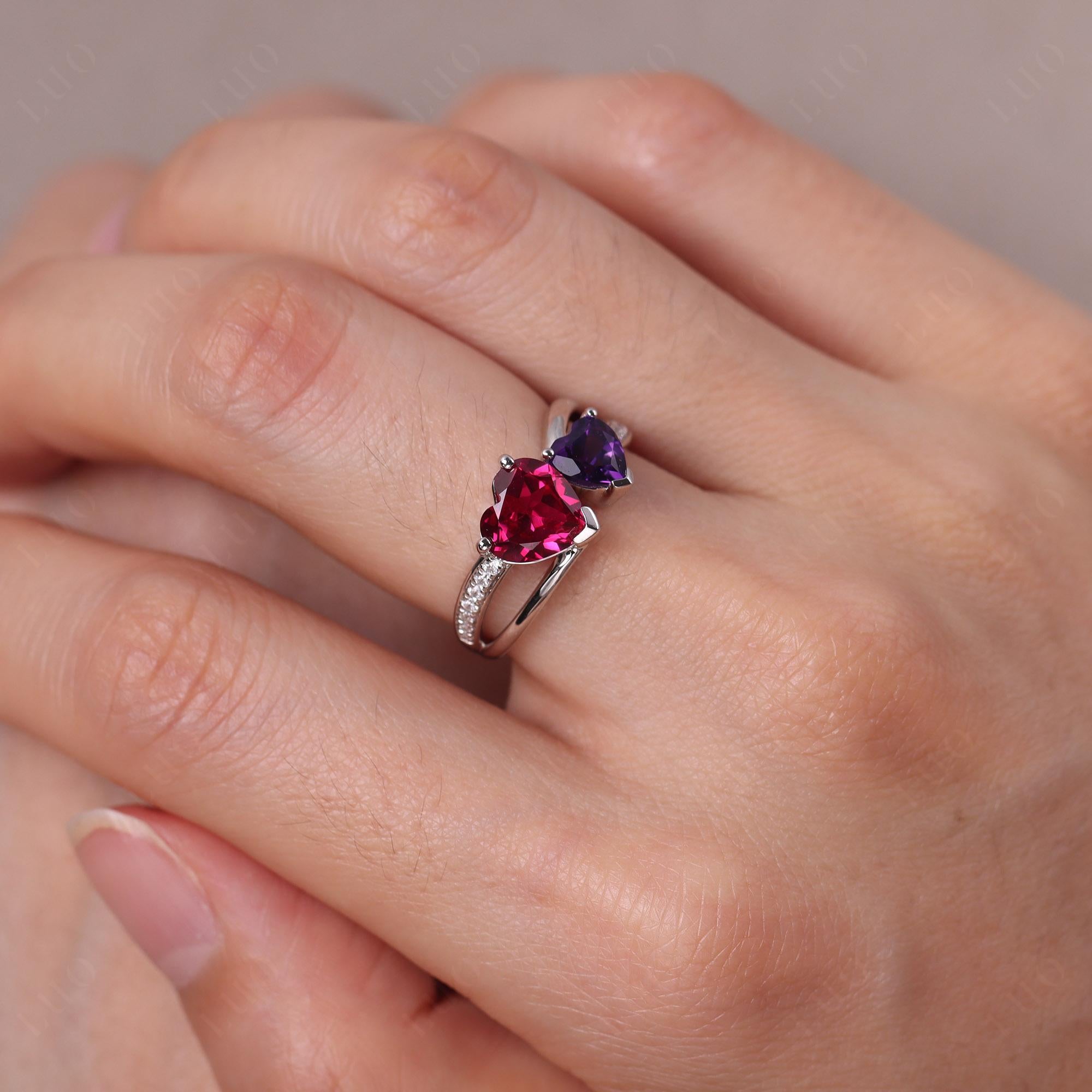 Amethyst and Ruby Two Heart Ring - LUO Jewelry 