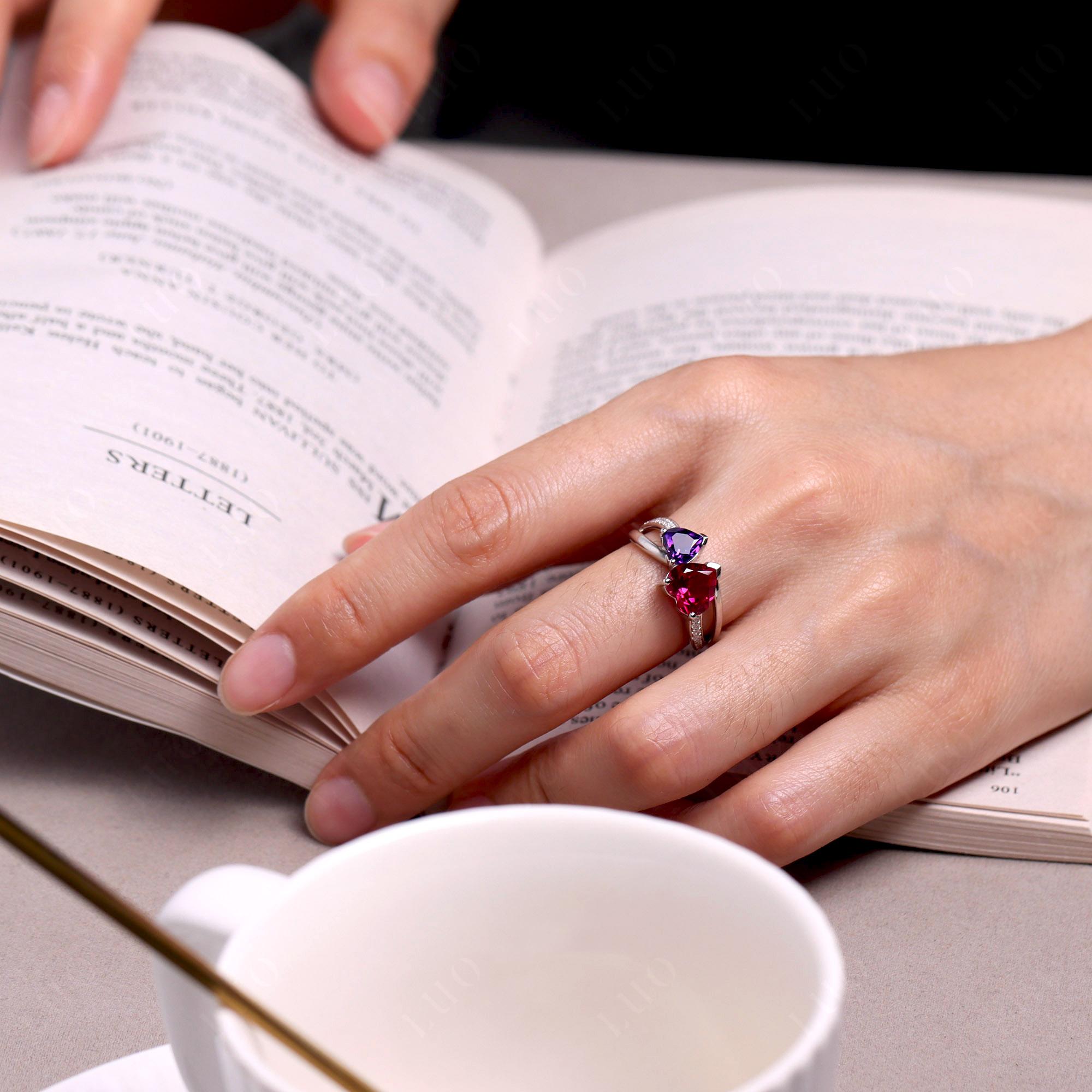 Amethyst and Ruby Two Heart Ring - LUO Jewelry 