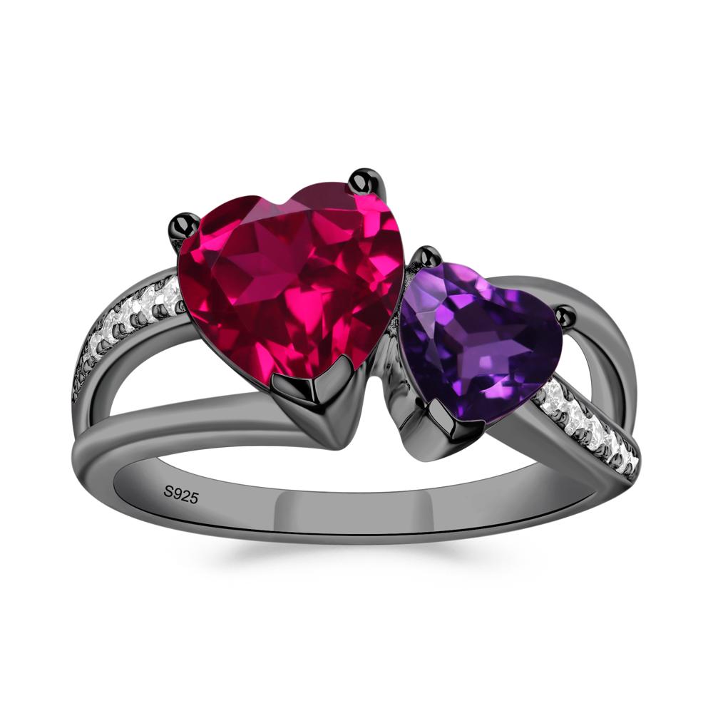 Amethyst and Ruby Two Heart Ring - LUO Jewelry #metal_black finish sterling silver