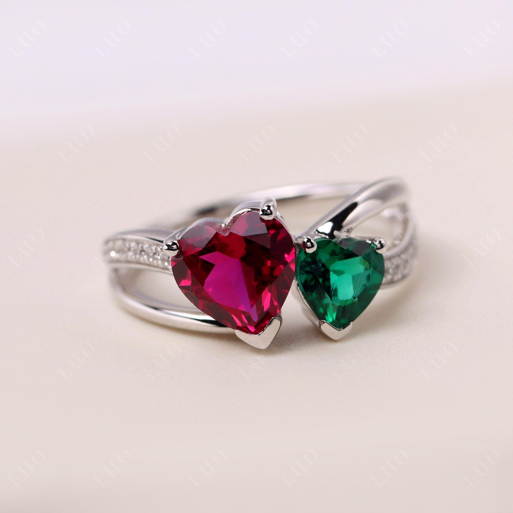 Emerald and Ruby Two Heart Ring - LUO Jewelry 