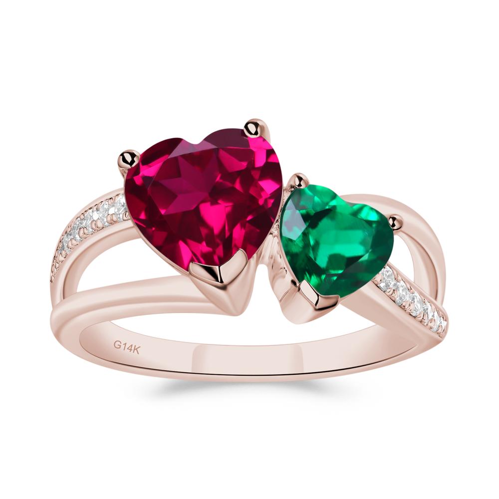 Emerald and Ruby Two Heart Ring - LUO Jewelry #metal_14k rose gold