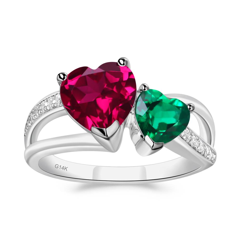 Emerald and Ruby Two Heart Ring - LUO Jewelry #metal_14k white gold