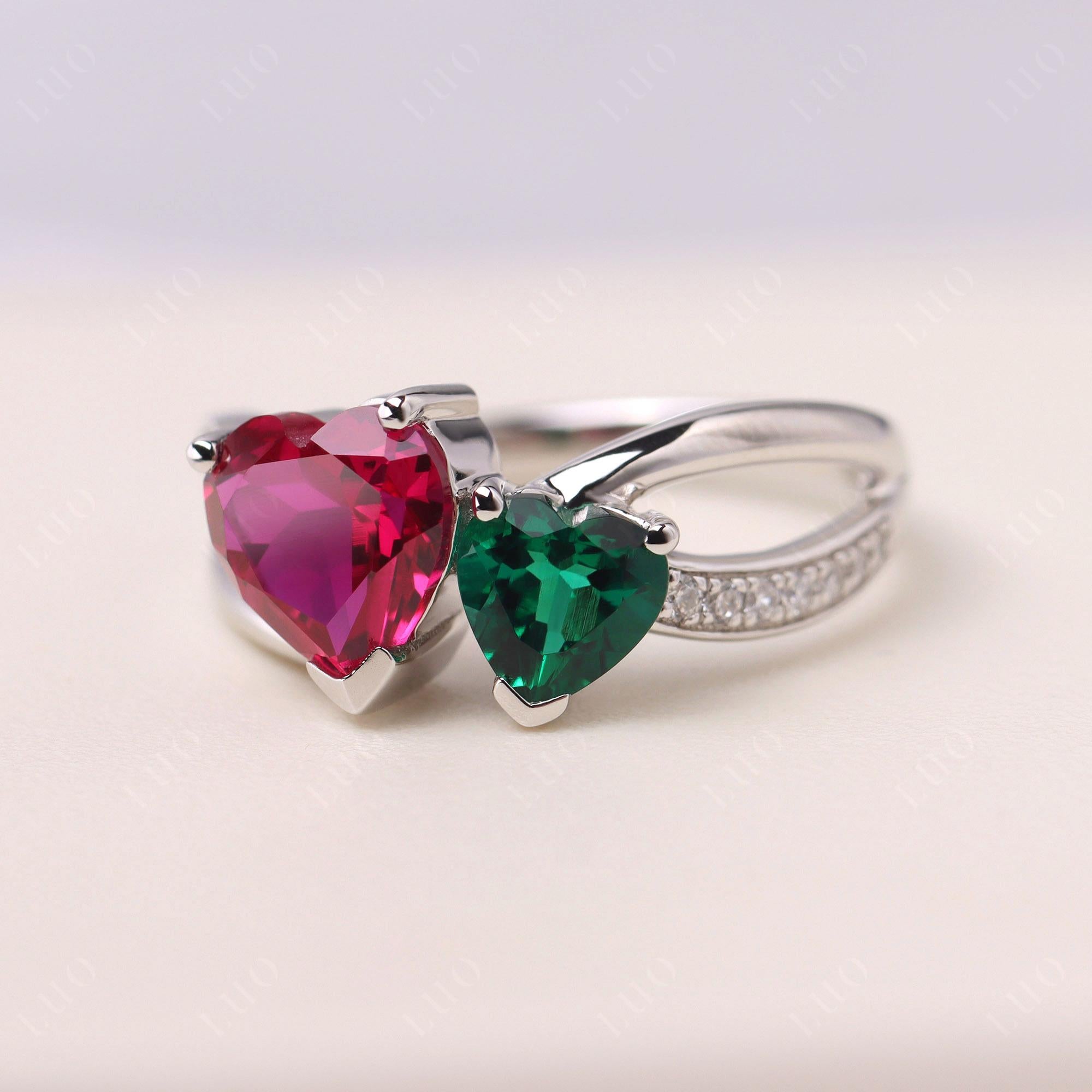 Emerald and Ruby Two Heart Ring - LUO Jewelry 