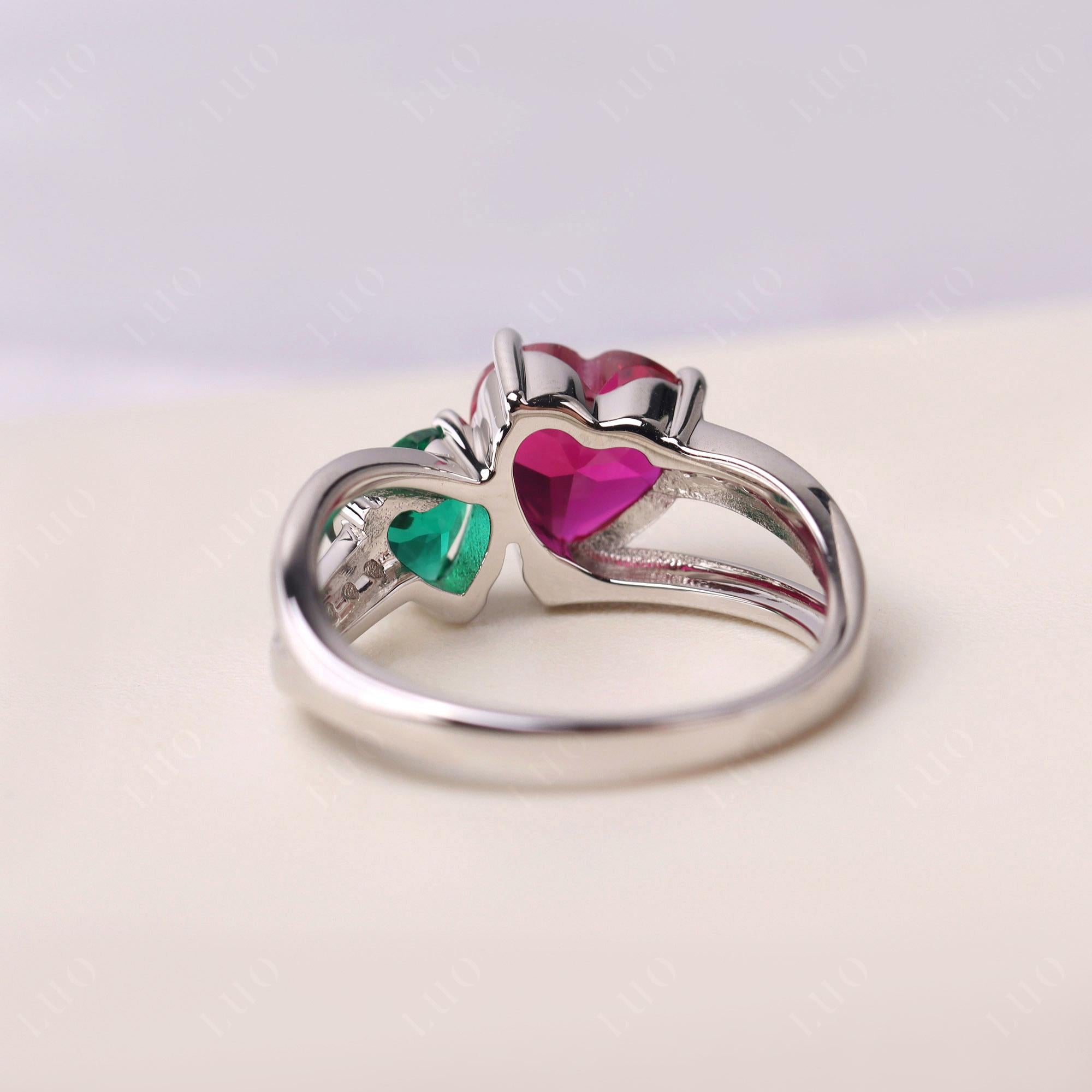 Emerald and Ruby Two Heart Ring - LUO Jewelry 