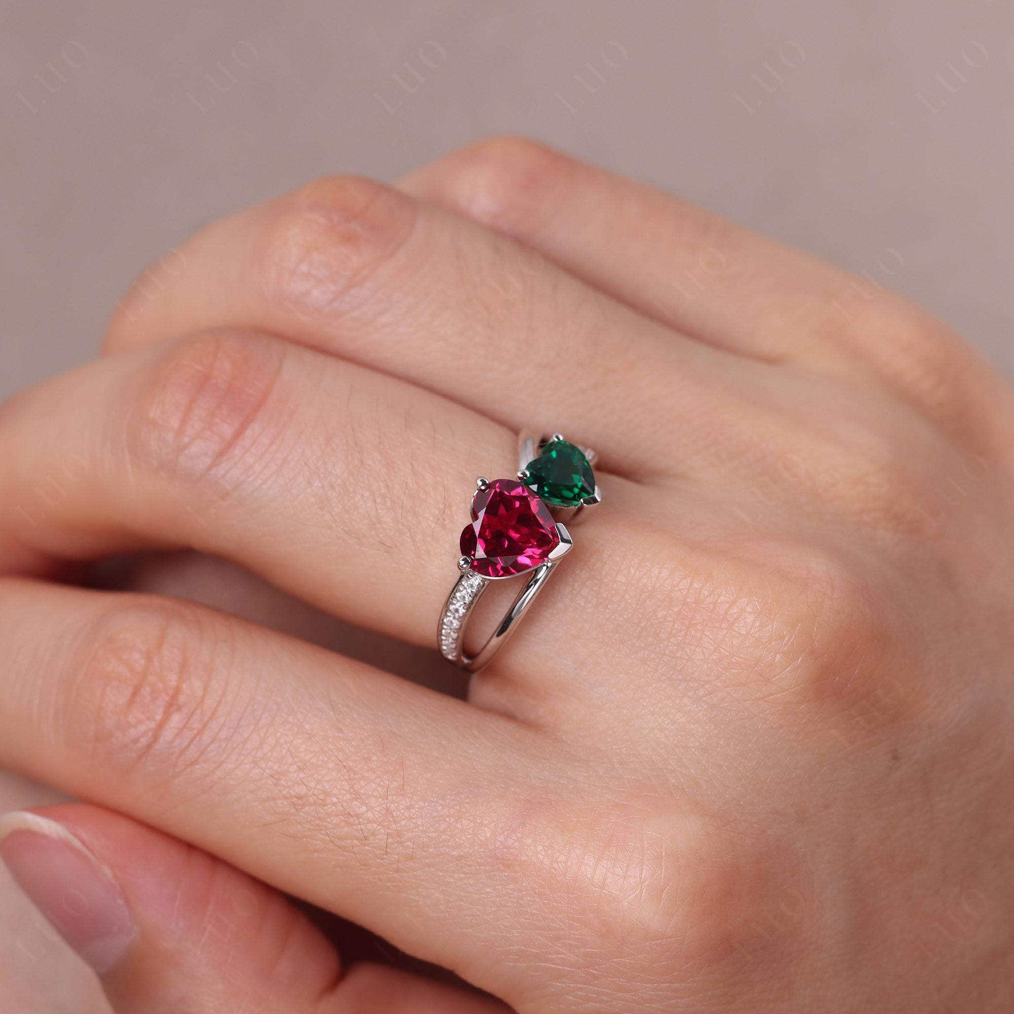 Emerald and Ruby Two Heart Ring - LUO Jewelry 