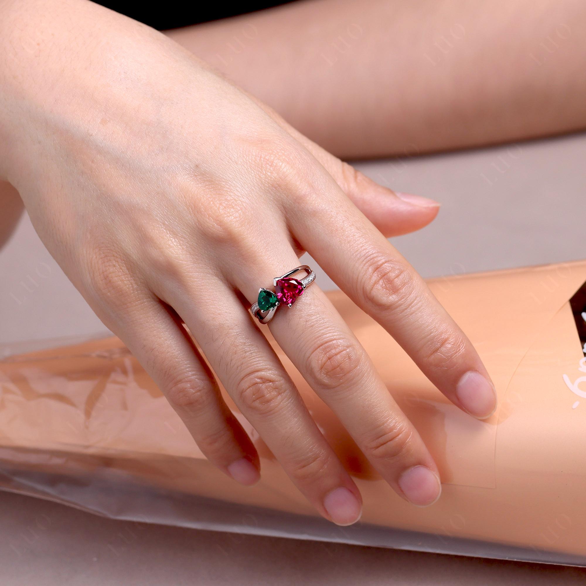 Emerald and Ruby Two Heart Ring - LUO Jewelry 